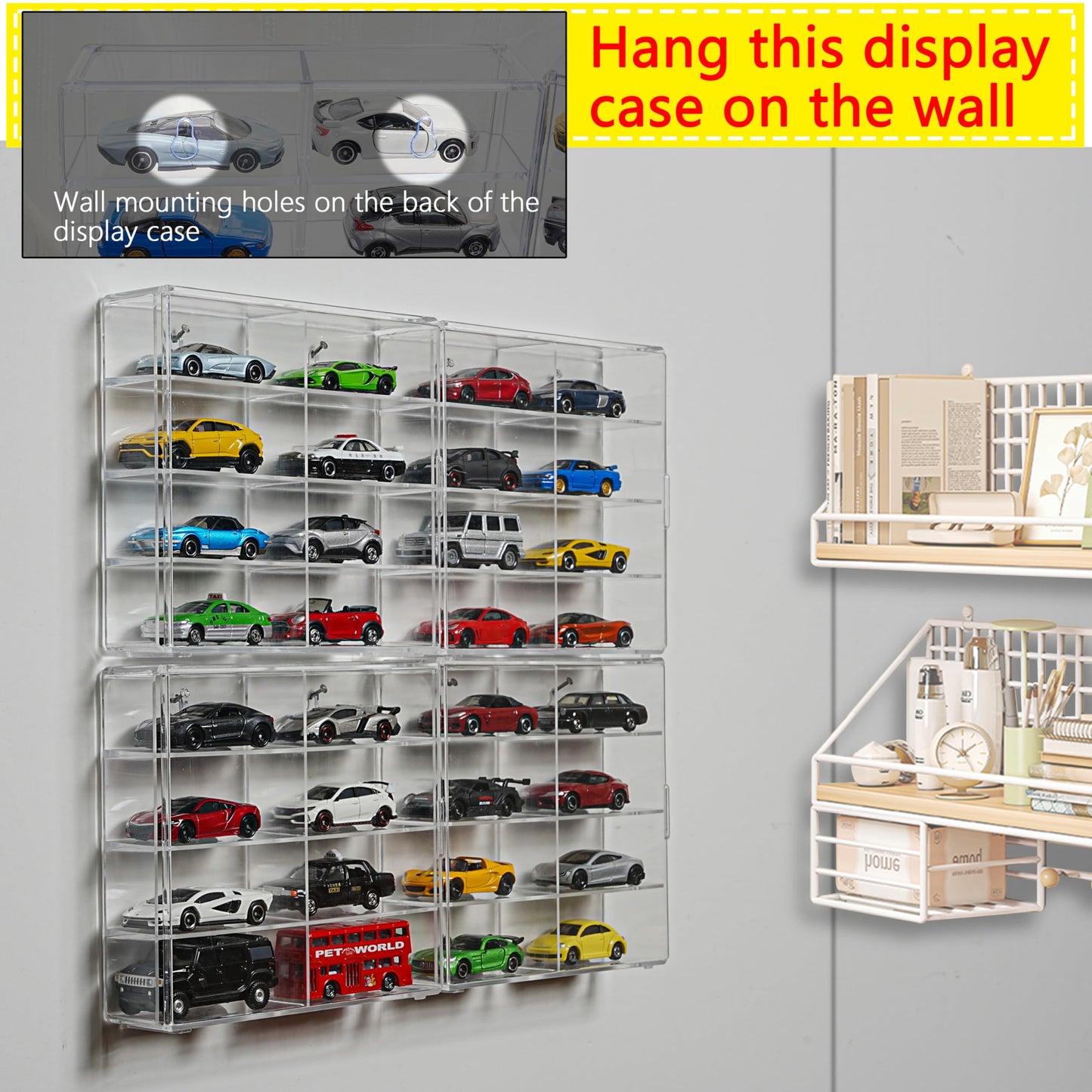 KASTUN Display Case for 32 Hot Wheels,Matchbox Cars,Display Case Wall Mount,Transparent Storage Case for 1/64 Diecast Cars,Wall Hanging,Stackable,Clear,Dustproof
