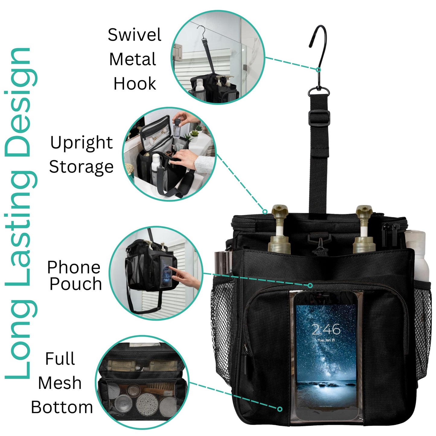 TERRA HOME Portable XL Shower Caddy Bag - College Dorm Room Essentials for Men, Women, Students - Foldable, Water Resistant with Hanging Keychain Hook and Shoulder Strap Shower Organizer Bag (Black)