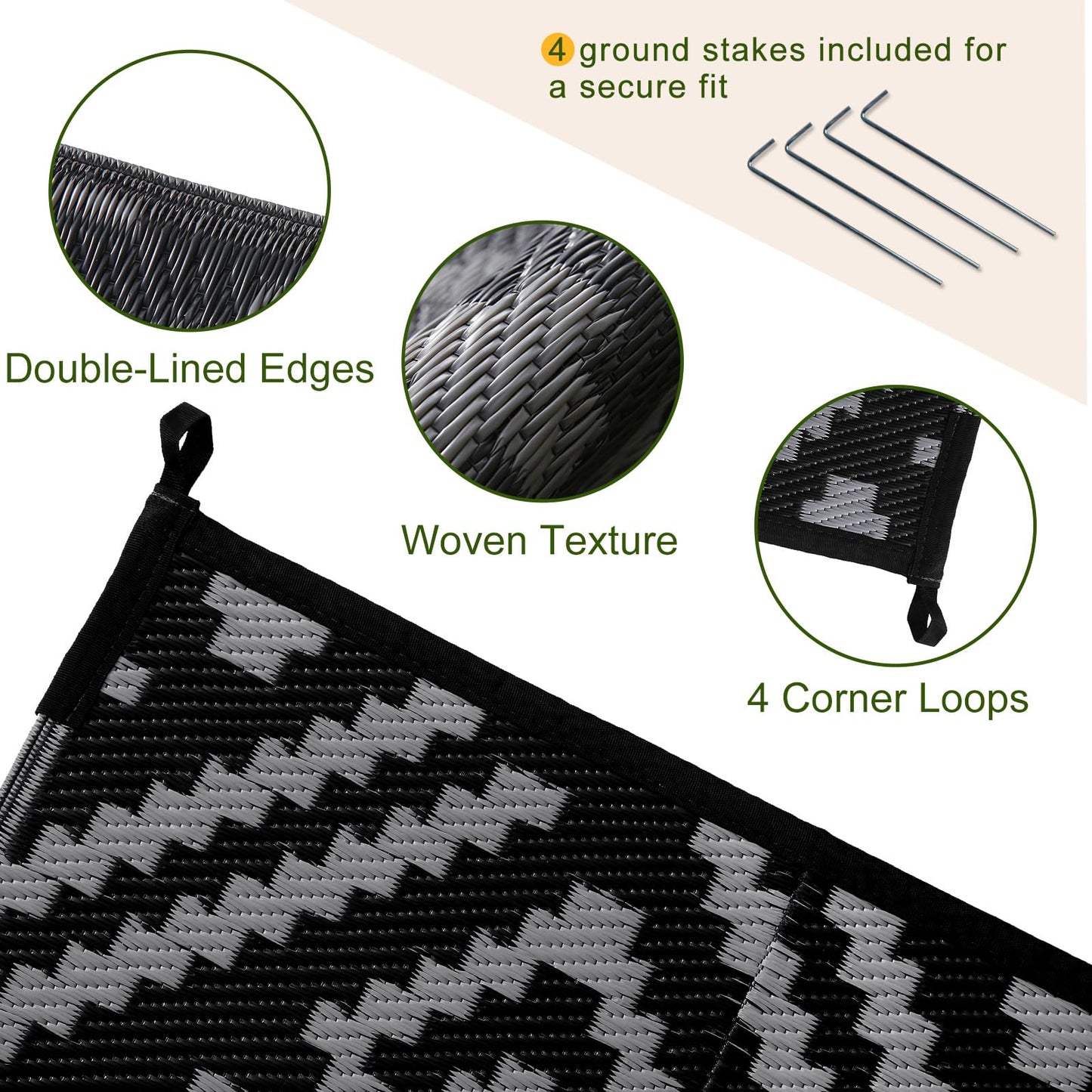 OPPODREAM Outdoor Rug 6x9 Ft, Waterproof Outdoor Plastic Straw Rug for Patio, Reversible Out Door Carpet for Camping, Deck, Rv, 6 x 9 Area Carpet Balcony, Porch, Backyard, Black and Grey