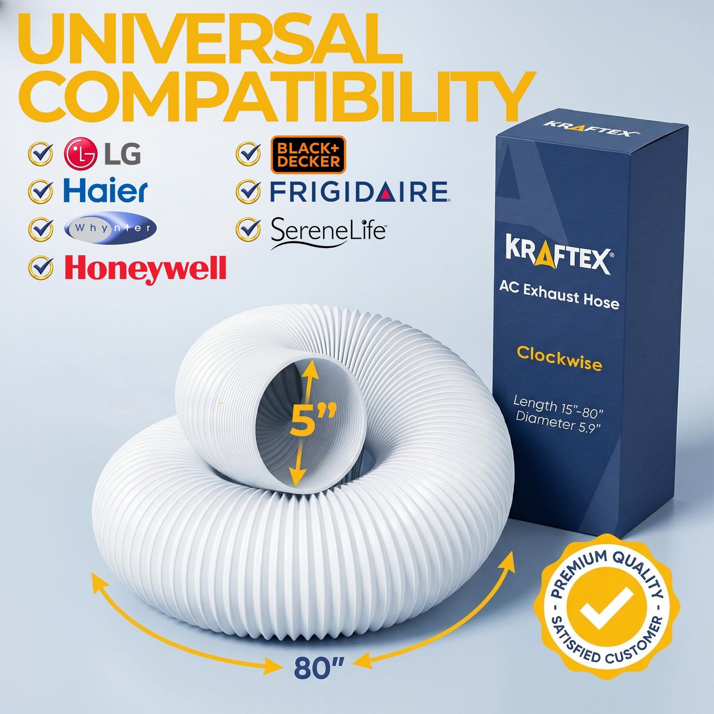 Portable Air Conditioner Hose - AC Hose with 5" Diameter, Clockwise Thread & Length up to 80" - Exhaust Hose for Portable Air Conditioner Vent Compatible with Delonghi & LG Air Conditioner Parts