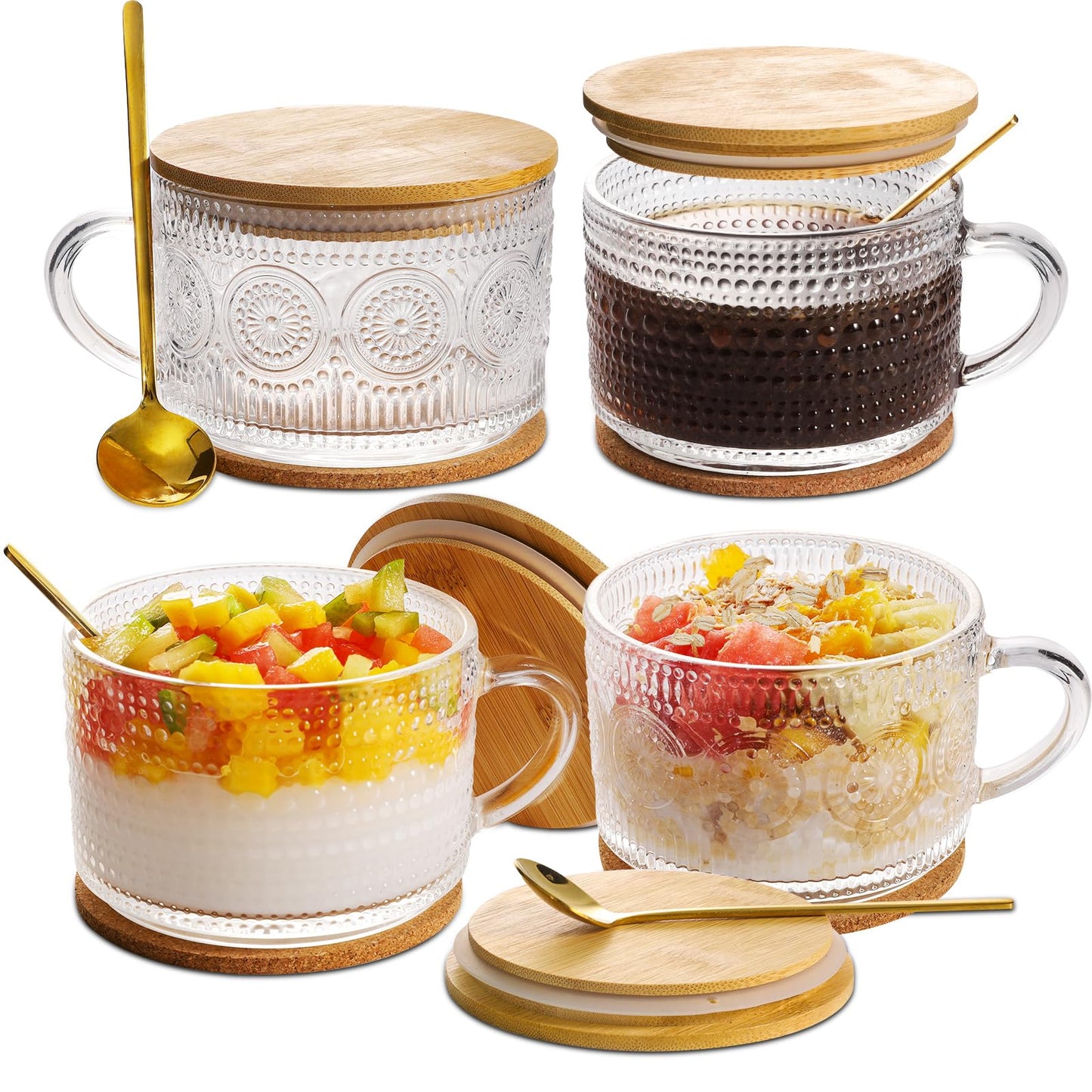 Vintage Coffee Mugs Glassware Set of 4-14oz Leak Proof Overnight Oats Containers with Lids and Spoons, Hobnail Glass Cups with Bamboo Lids, Ideal Coffee Bar Accessories Perfect for Coffee, Tea