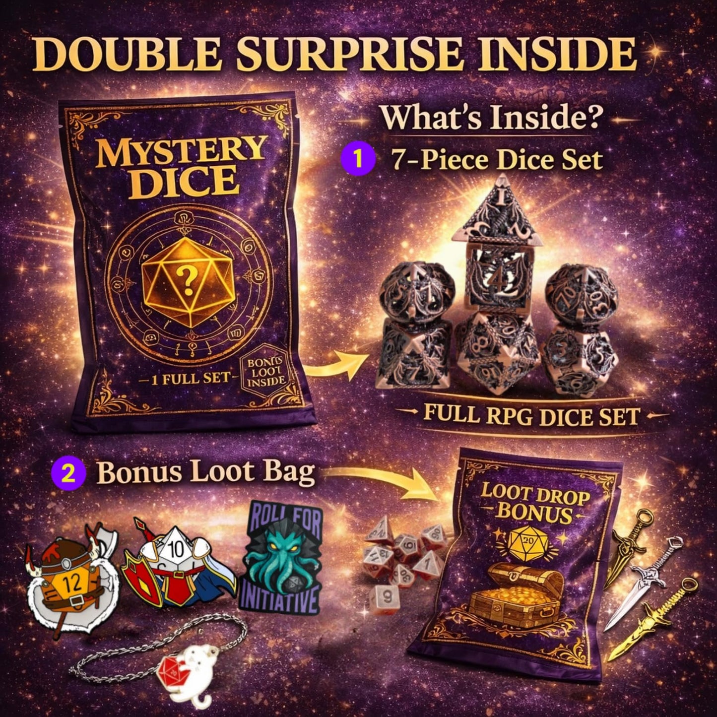 DND Mystery Dice Set, 7 Polyhedral RPG Dice + Random Loot Bag Reward, Gift for RPG Player, DM & Dice Goblin,Tabletop Games (6-Pack)