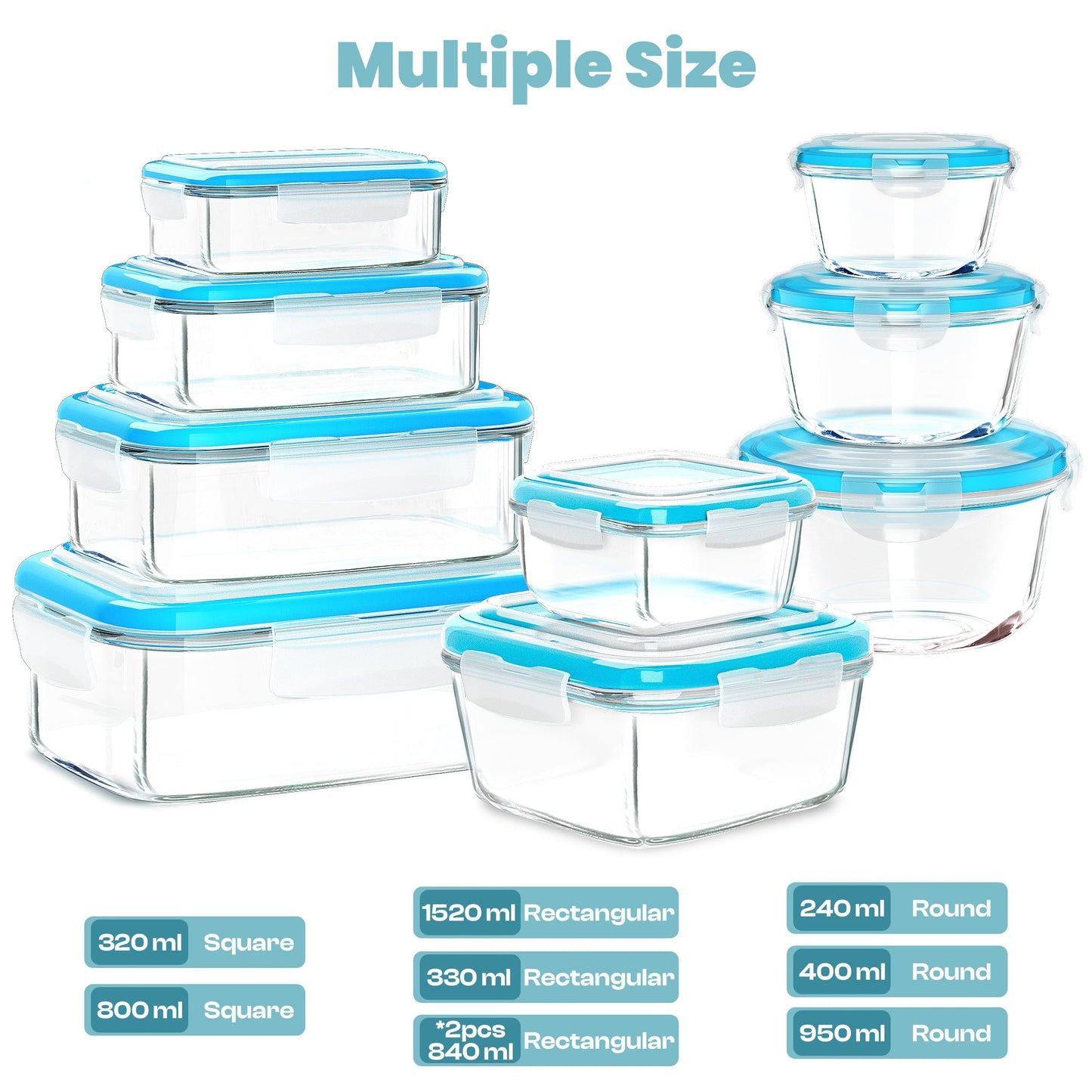 KICHLY 9 Pack Glass Container Food Storage with Airtight Lids, Leakproof Lunch Boxes, BPA-Free, Large, Small and Round Meal Prep Glass Storage Containers, Microwave Safe