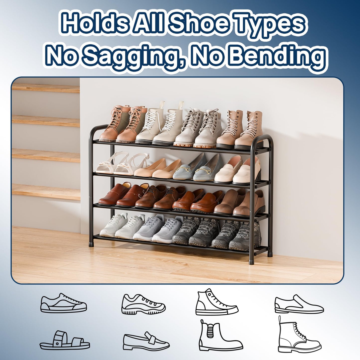 ENJOYBASICS Expandable Metal Shoe Racks for Closet, 4 Tier Adjustable Shoe Organizer Shelf, Black Free Standing Rack Storage for Entryway