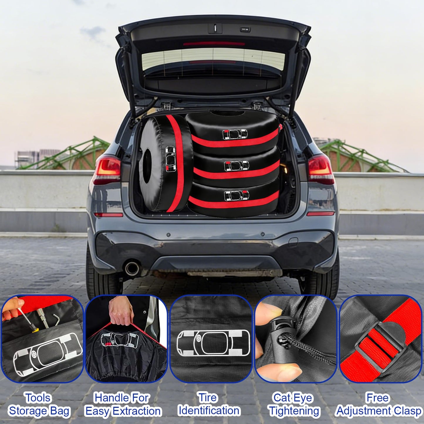 LOMGDOVC 4 Pack Polyester Tire Covers, Waterproof Dustproof Wheel Storage Bags with Handle, Protective Spare Tire Cover & Organizer Fit for 19"-23" Tires,Black Red