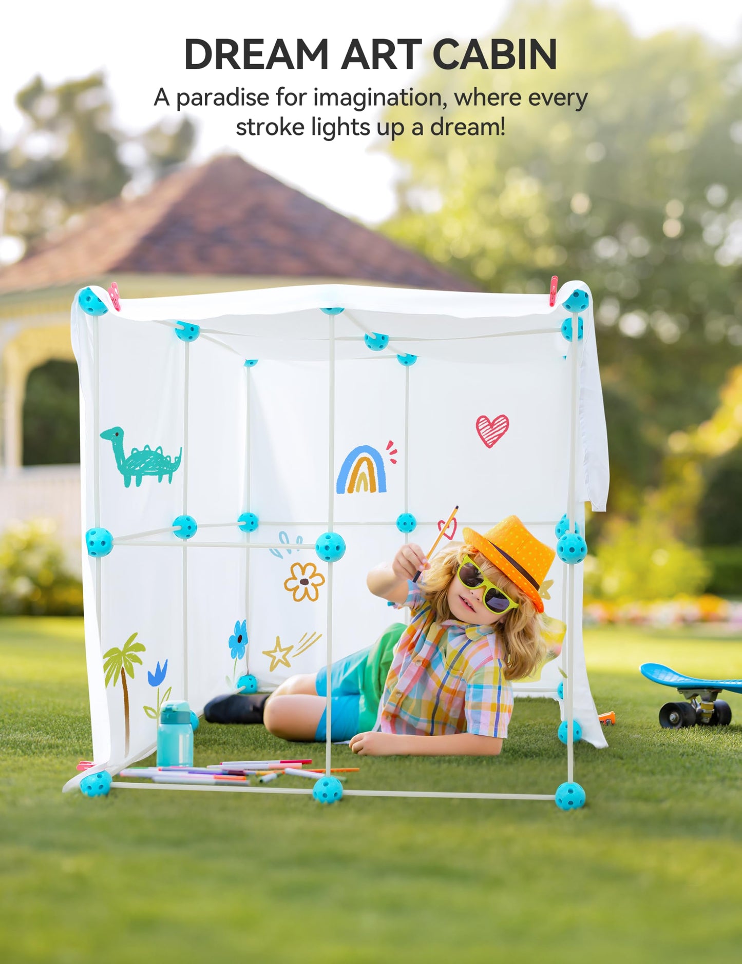 besrey Fort Building Kit for Kids with Toss Game, 144 Pcs 5 in 1 Creative Fort Toy, STEM Construction Toy, Outdoor Play Structure, Kids Outdoor Toys for 3, 4,5,6,7,8,9,10 Years,DIY Play Tent Tunnel