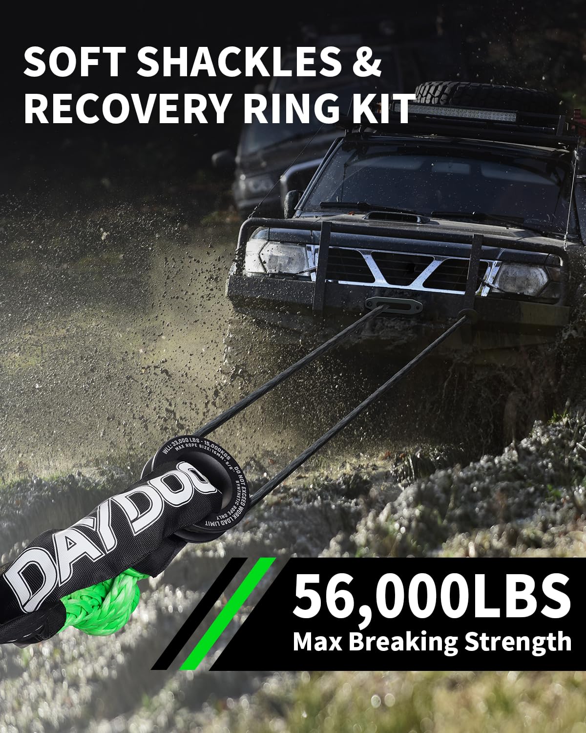DAYDOOR 56,000 LBS Soft Shackle Recovery Kit, 1/2" x 22" (2-Pack) with 7075 Aluminum Snatch Ring, Winch Accessory for Jeep Wrangler, Bronco, 4Runner, Tacoma, ATV/UTV/Jeeps/SUVs, 4x4 Off-Road(Gray)