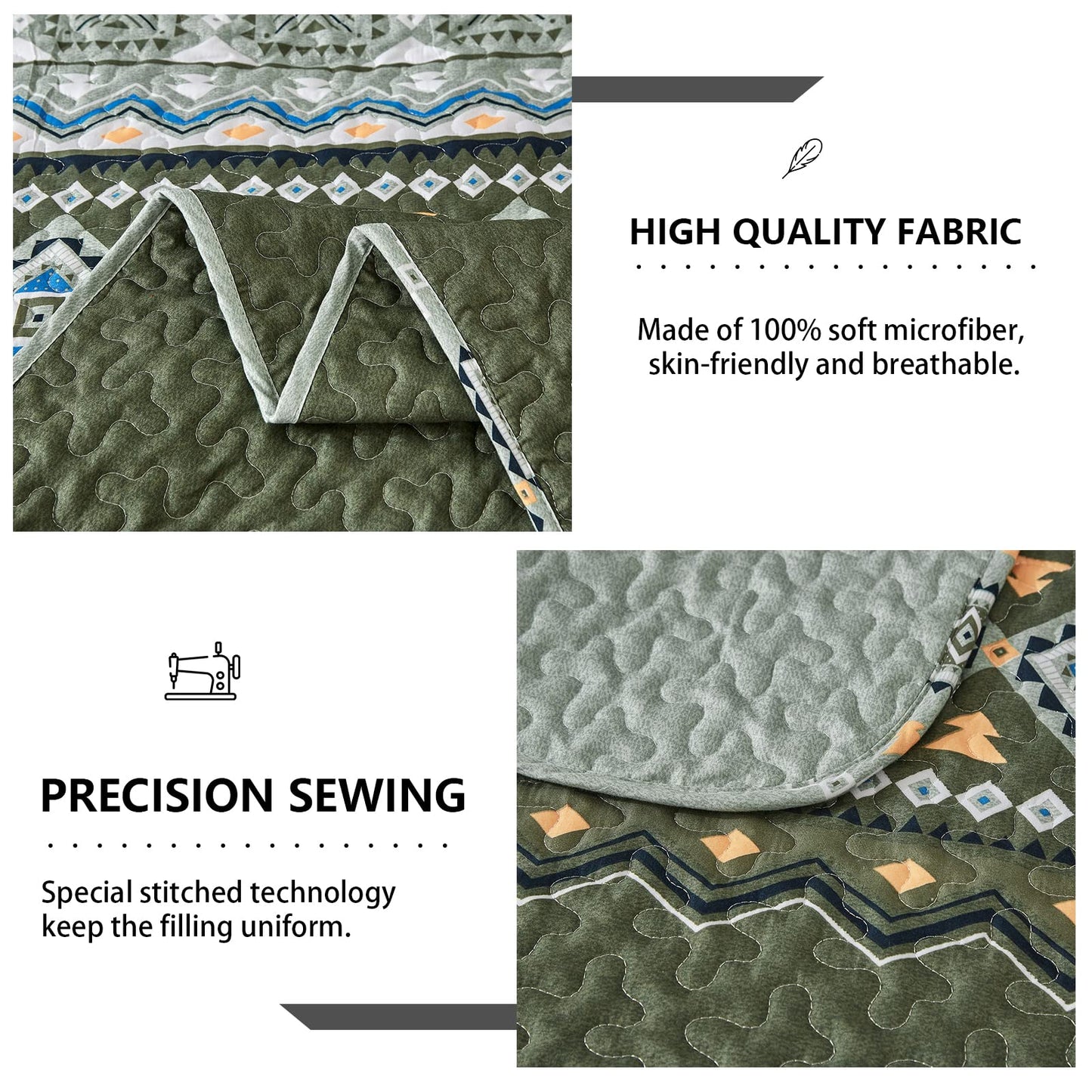 Boho Quilt Set Queen Size Olive Green Bedding Bedspread Reversible Geometric Aztec Pattern Soft Lightweight Microfiber Bohemian Coverlet Set for All Season 3 Pieces 90"x96"