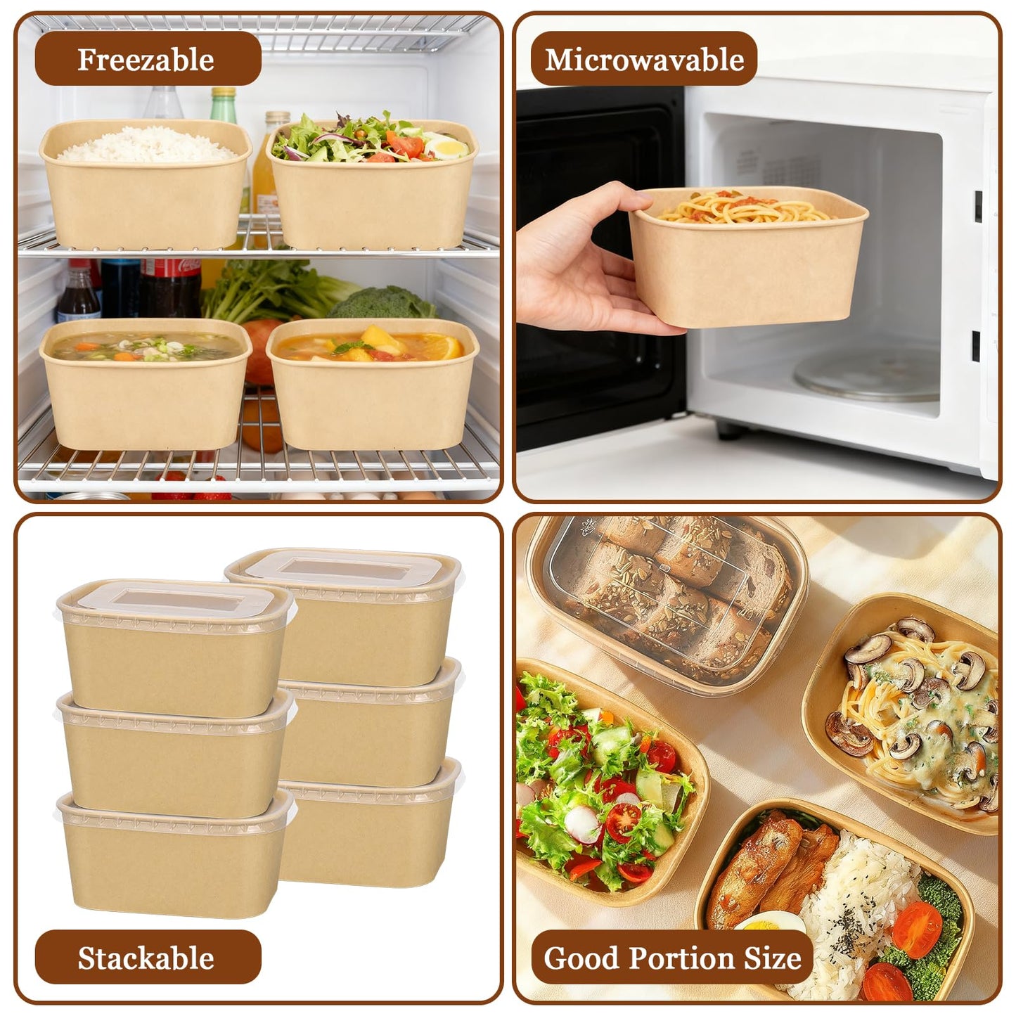 1000ml Disposable Paper Bowls with Lids, 50 Sets Large Kraft Paper Salad Bowls, Non-Spill Meal Prep Food Container for Restaurant Soup Noodle Hot Cold Takeout (33oz)