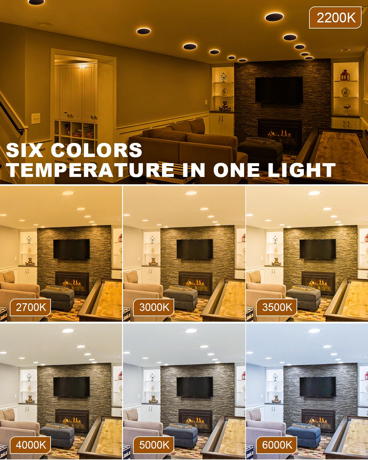 JESLED Pot Lights LED 4 inch with 2200K Night Light, 6CCT 2700K/3000K/3500K/4000K/5000K/6000K Dimmable Recessed Lights, 9W 750LM, ETL FCC Listed, 6 Pack