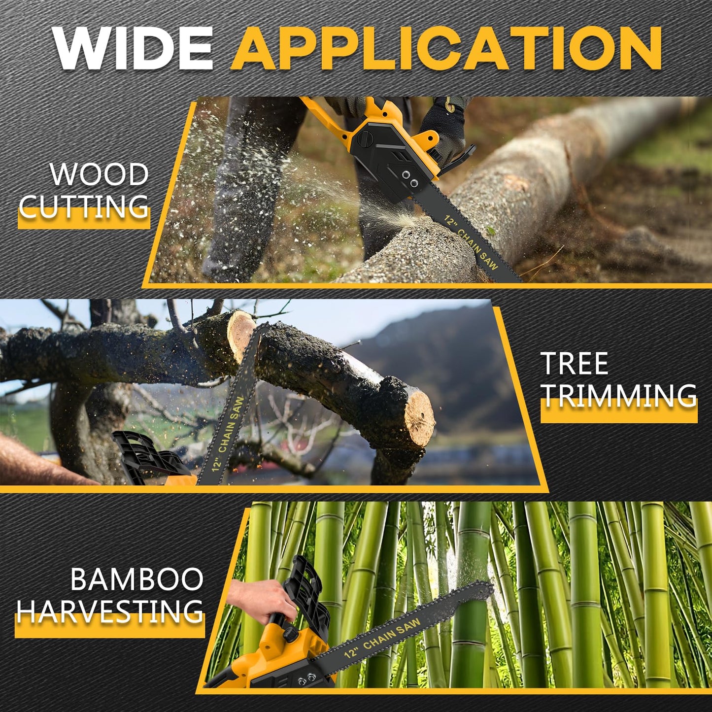 Brushless Chainsaw Compatible with Dewalt 20V Battery, 12 Inch Mini Chainsaw Cordless with 3 Chains and Security Lock Handheld Electric Chainsaw for Wood Cutting, Tree Trimming (No Battery)