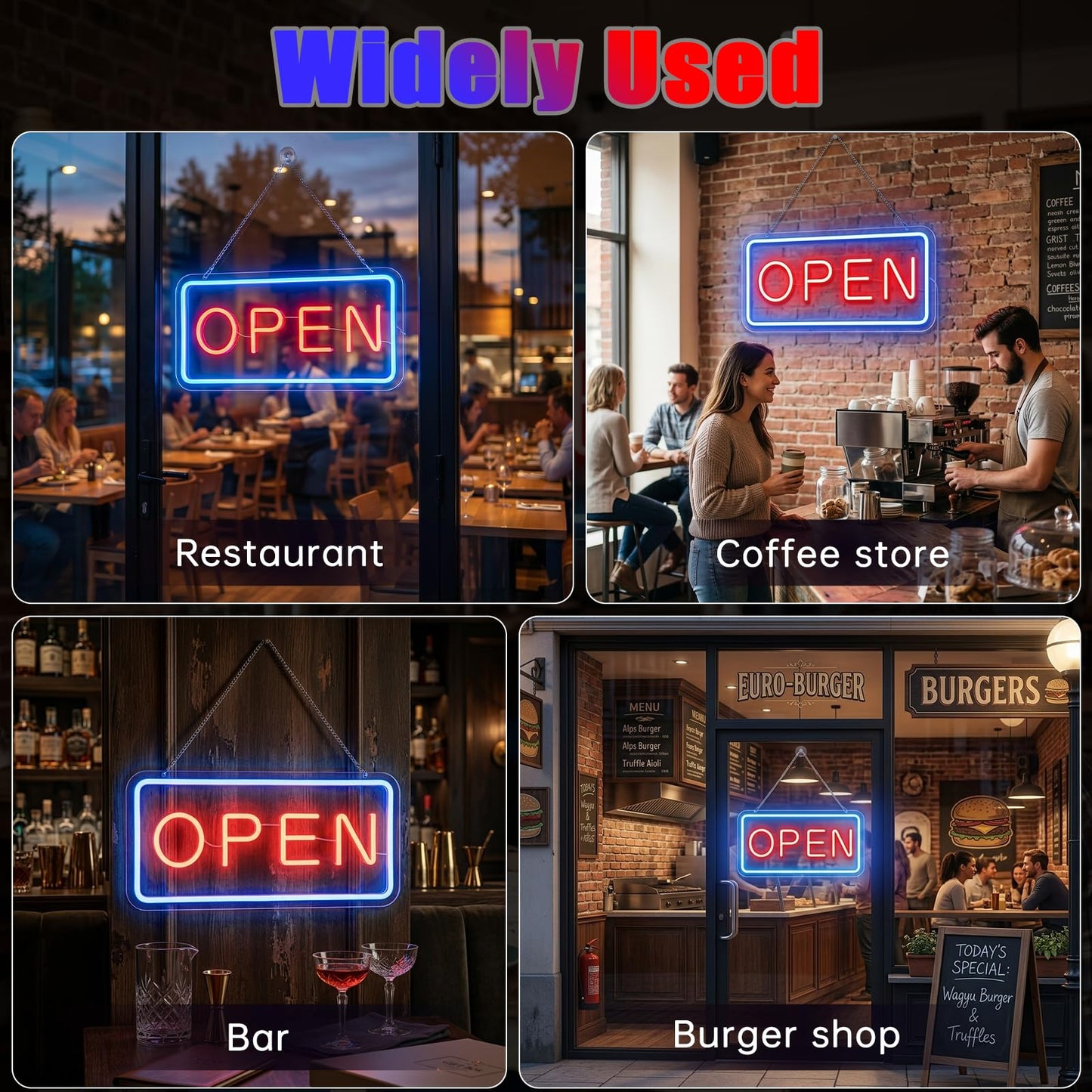 GABROGA 16 x 8inch Open Sign for Business, 10-Level Dimmable LED Neon Light up Open Signs, 5V/2A Open Sign USB Powered with 6.6FT Cord Easy to Hang for Window Bar Cafe Salon Store Front, Blue-Red