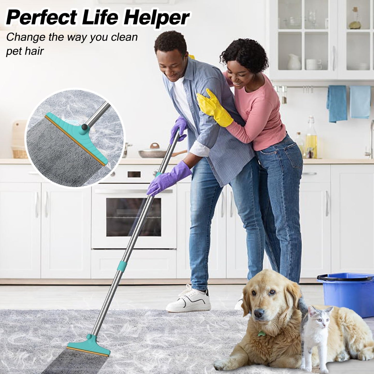 Carpet Rake for Pet Hair Removal, Pet Hair Remover with 45”, 1 Mini Included, Reusable for Fluff Carpet, Rug, Car Mat and Couch