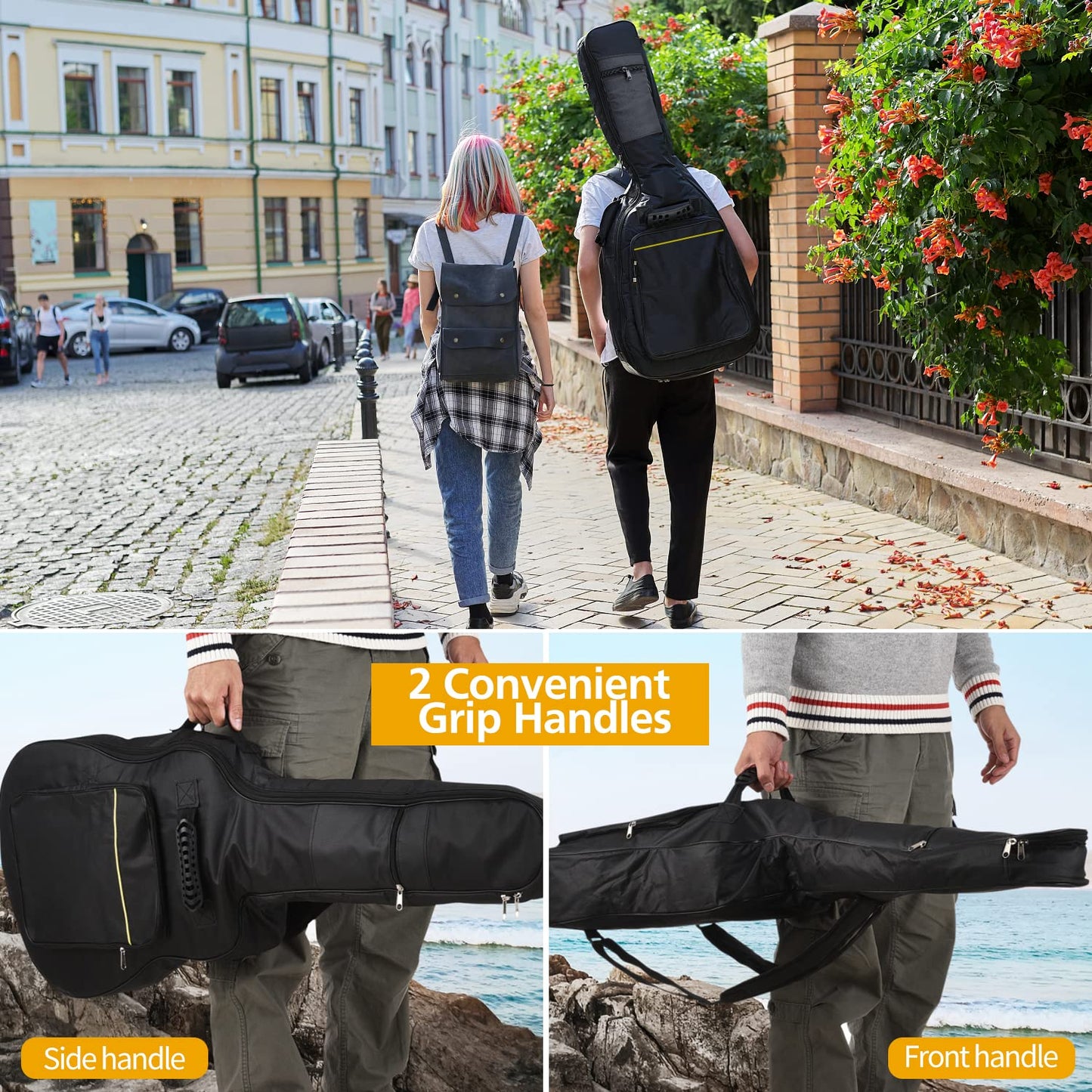 Mdvora 3pcs Guitar Accessories Kit - Gig Bag, Folding Stand, Adjustable Strap for Acoustic, Classical, Bass Guitar