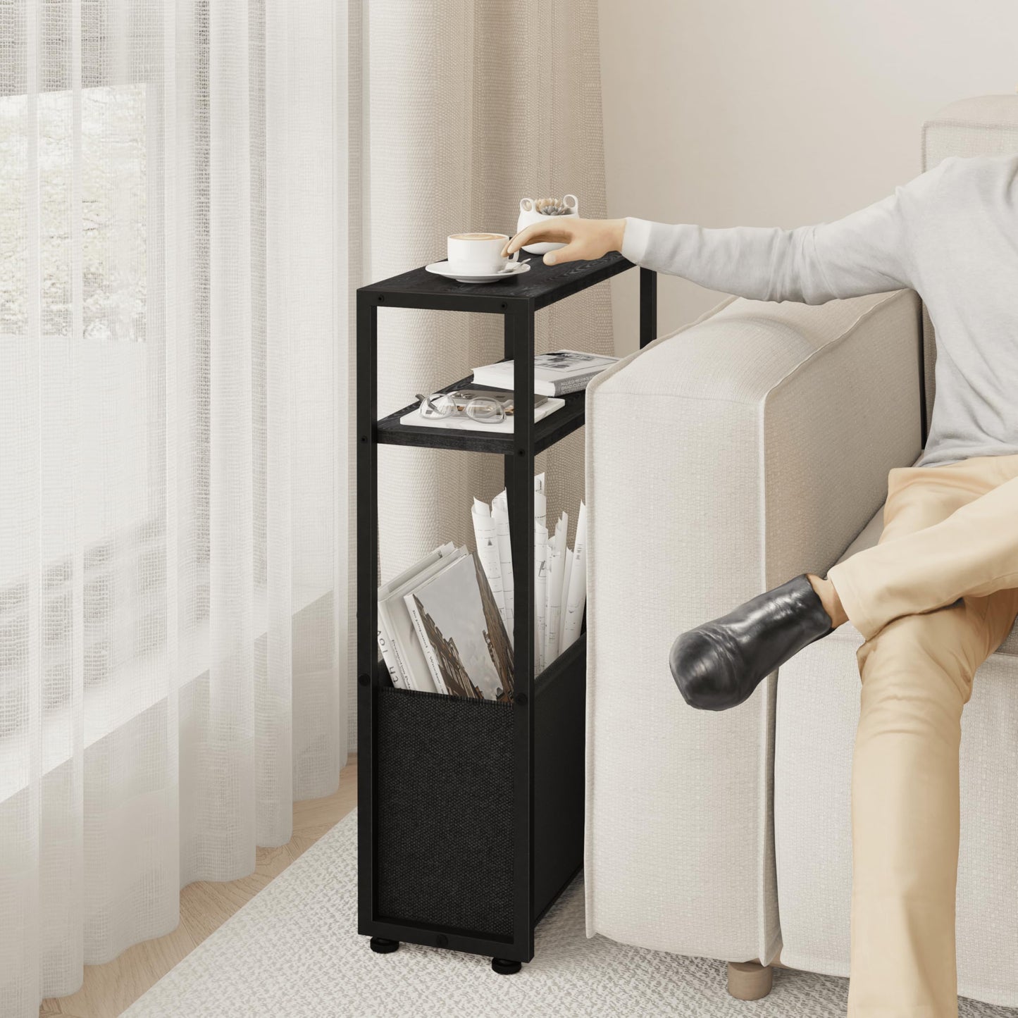 Leomonio Black Slim Side Table with Magazine Rack, Small Space-Friendly, Narrow Bedside Table for Living Room, Bedroom