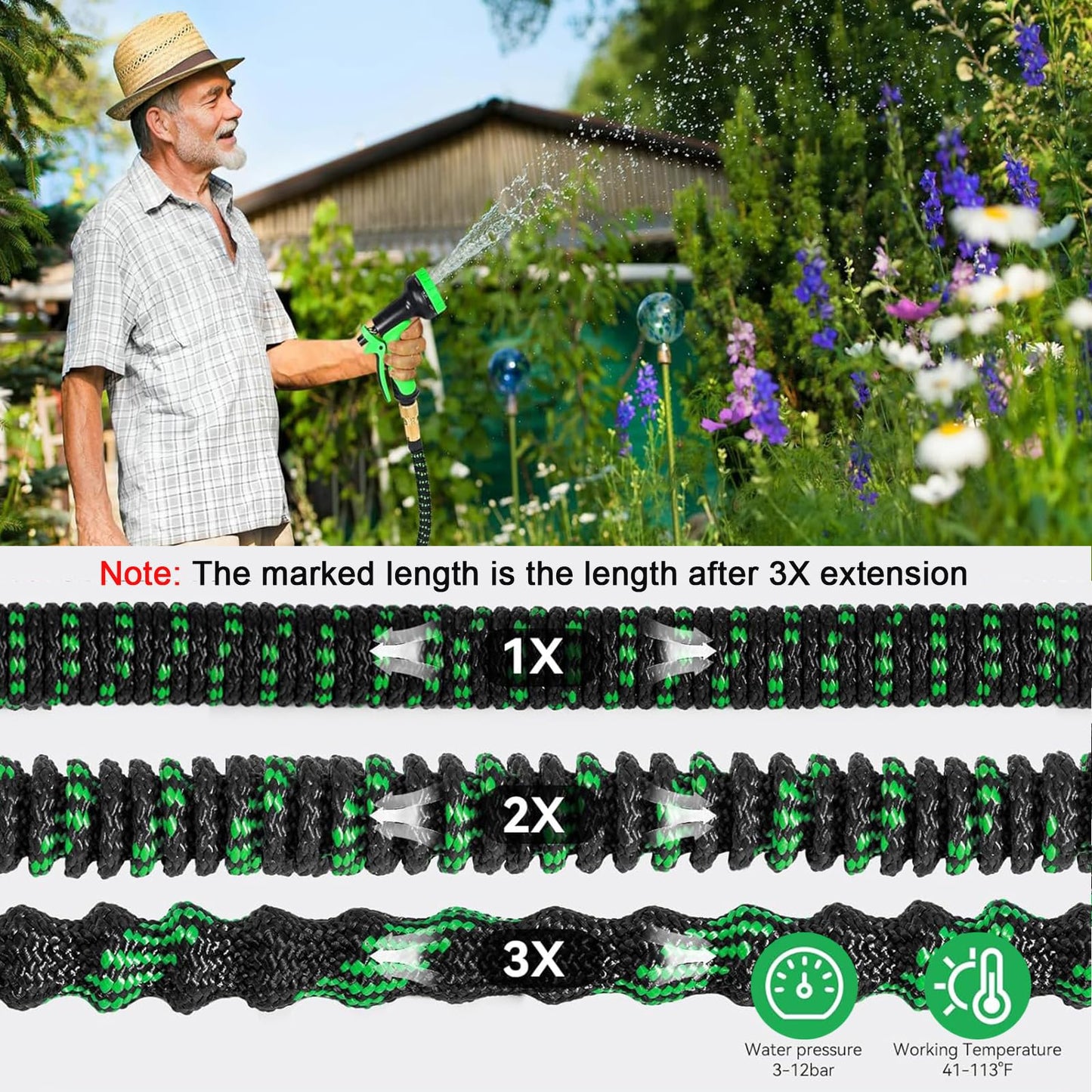 Expandable Garden Hose 50FT, 10-Function Spray Nozzle, Upgraded Latex Core Inner Pipe Retractable Water Hose with Sturdy 3/4'' Fittings Flexible Lightweight Water Hose with Hook and Storage Bag