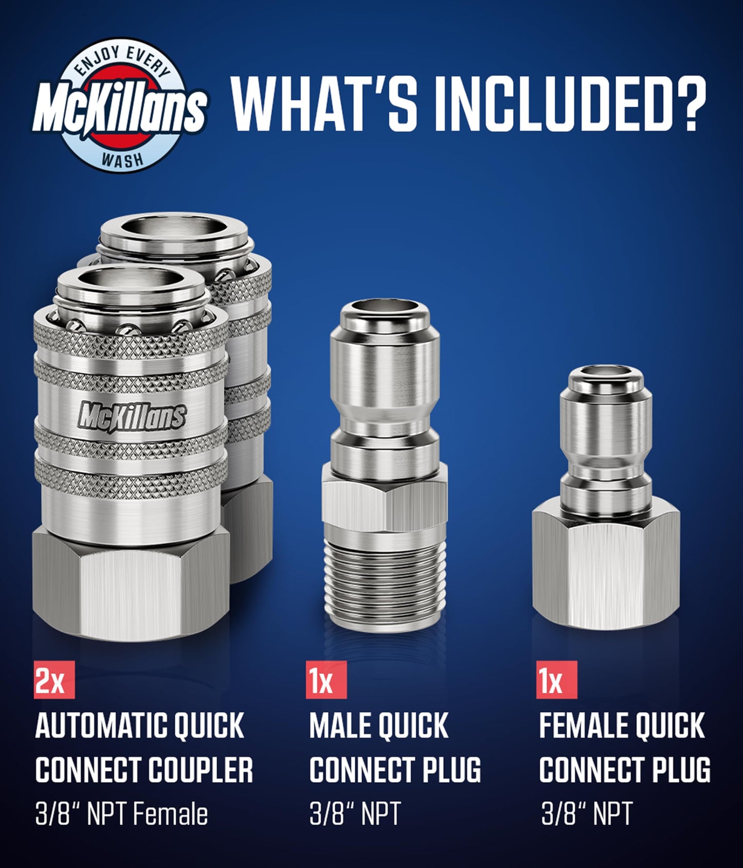 McKillans® 3/8" NPT Automatic Quick Connect Kit of 4 - Stainless Steel - 3/8" Pressure Washer Quick Connect Fittings - Power Washer NPT 3/8" - Push-to-Connect - Upgraded Viton O-Rings