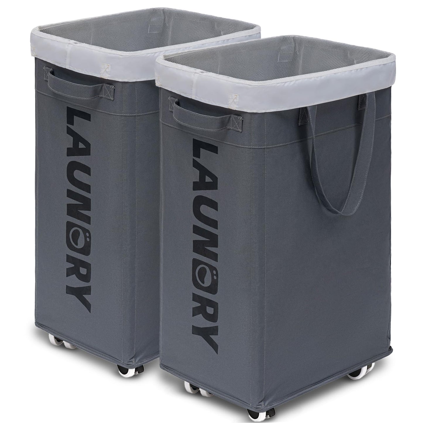 Goodpick Hamper with Wheels, 2-Pack 75L Foldable Laundry Baskets with Removable Wash Bags, Dirty Laundry Basket for Corner Dorm,Grey