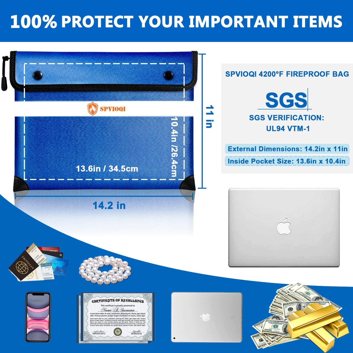 Upgraded Fireproof Document Bag - with 5200°F Heat Insulated, 14.2"x11" Fireproof Money Bag for Cash, 8 Layers of Functional Materials, Water Fire Proof Bag with Zipper/Metal Snap/Reflective Strip