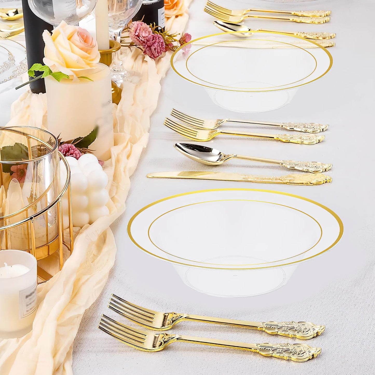 100Pcs Disposable Serving Bowls for Party, 12 oz Plastic Soup Bowls Bulk Clear Dessert Bowl with Gold Rim for Catering Holidays Dinner Wedding Party Supplies