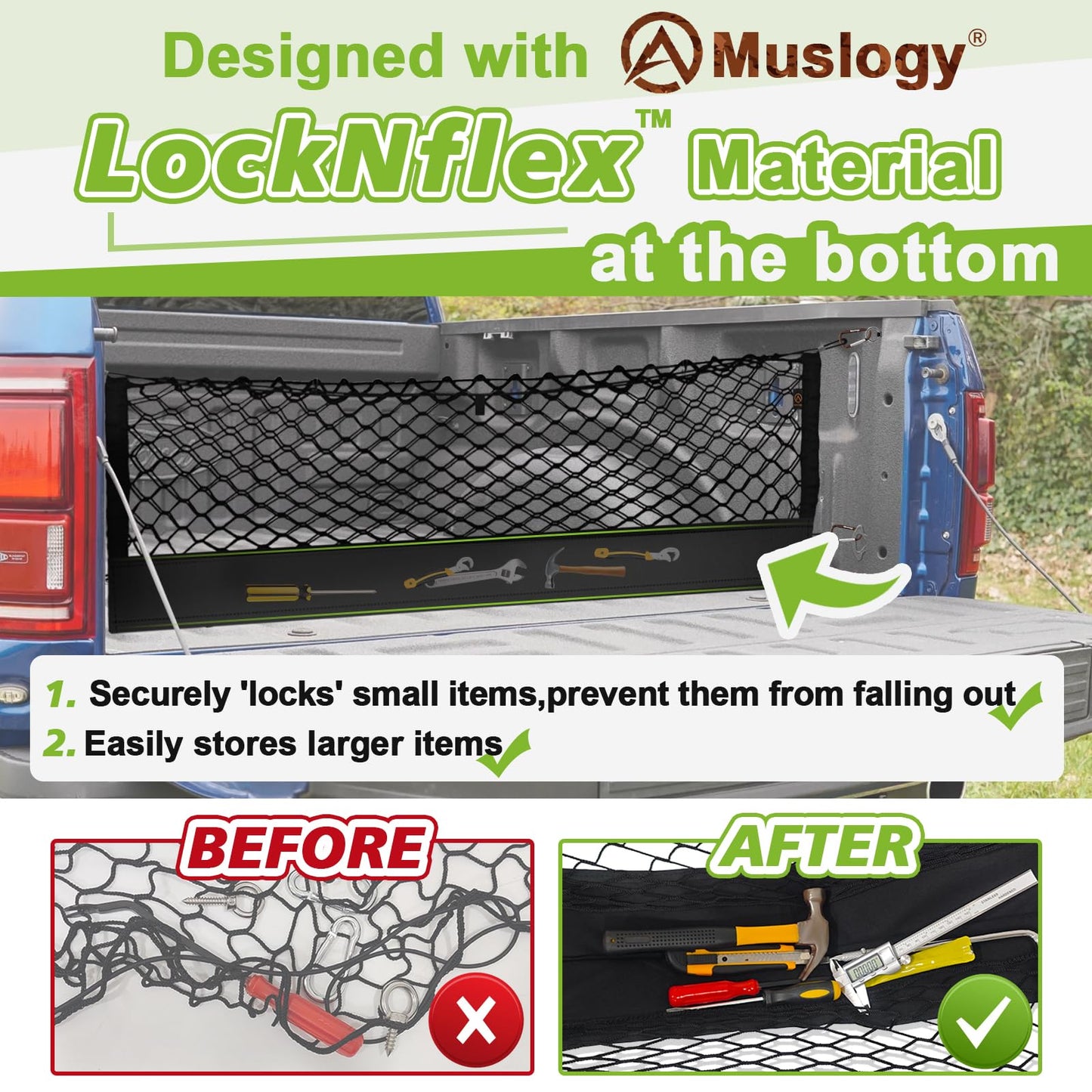 Muslogy Truck Bed Cargo Net Compatible with Chevy Silverado & GMC Sierra 2019-2025 Accessories Storage Organizer Pickup Truck Bed Envelope Style Cargo Net with Heavy Duty Carabiners