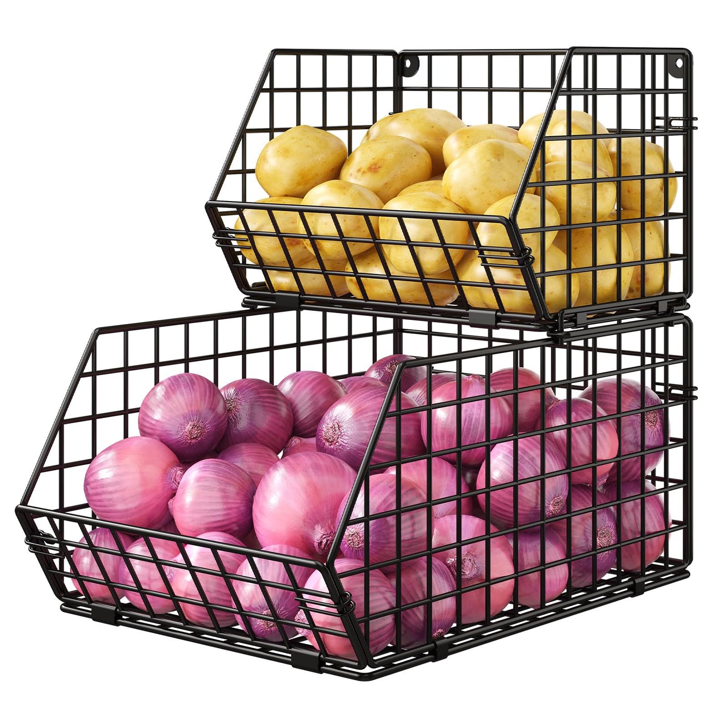 2-Tier Stackable Fruit Basket for Counter, Potato and Onion Storage Bin - Vegetable Basket for Kitchen, Wire Basket for Pantry Organizers- Metal Baskets for Snack Produce Can
