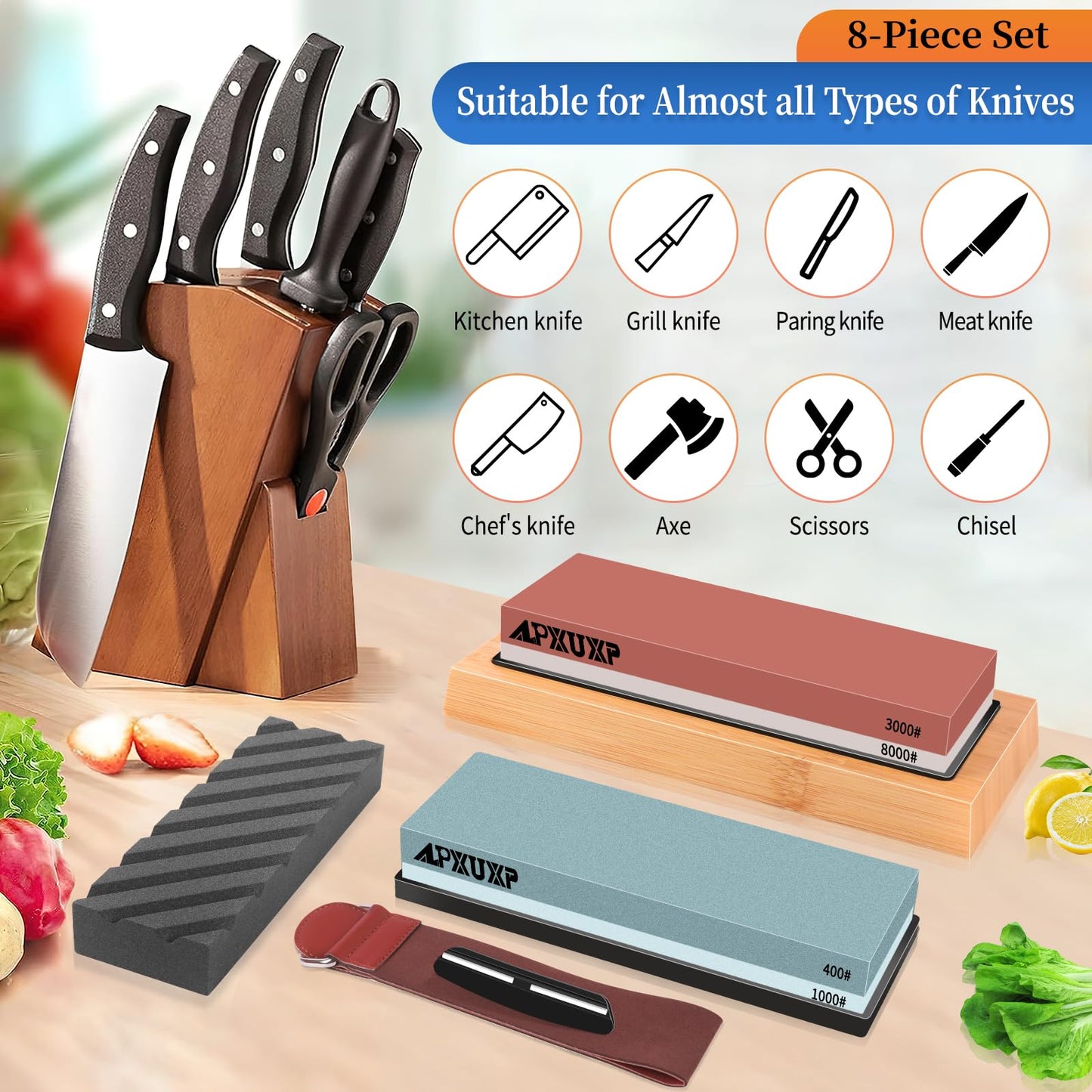 Knife Sharpening Stone Kit 400/1000 3000/8000 Grit Professional Whetstone Set Coarse to ExtraFine 2-Side Sharpener Include Flattening Stone,Angle Guide,Safe Nonslip Bamboo Base and Slip Silicone Base