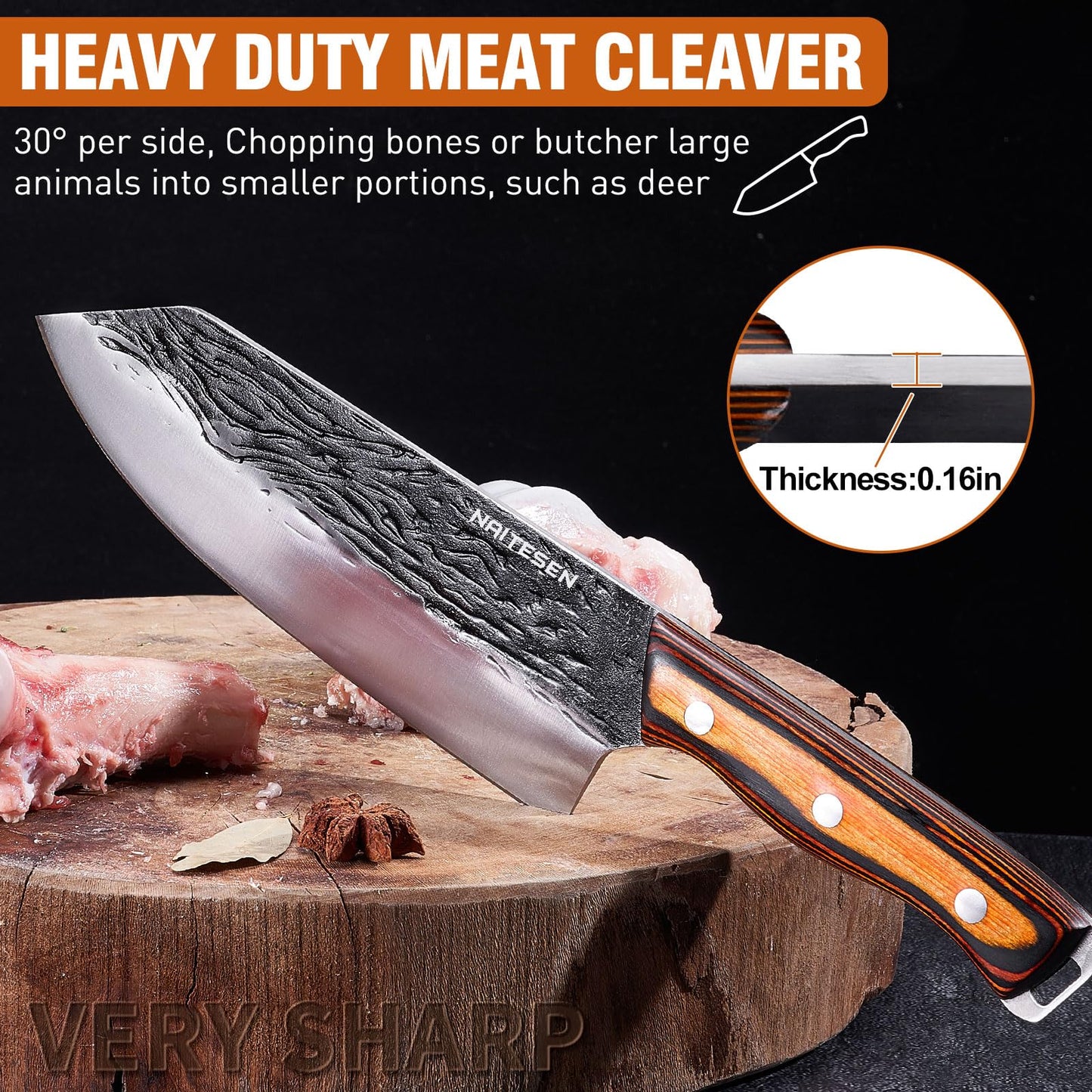 Naitesen 4PCS Hand Forged Butcher Knife Set, Heavy Duty Meat Cleaver Serbian Kitchen Chef Knife Breaking Knife Boning Knife for Meat Cutting Home Kitchen Cooking Camping BBQ