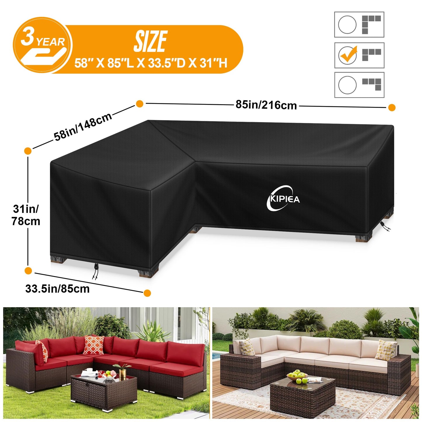 Kipiea Patio L-Shaped Sectional Sofa Cover, 420D Heavy-Duty Oxford Fabric Outdoor Sectional Cover with 6 Windproof Buckles, Anti UV and No Tears, No Fading (Left Facing, 58" x 85" L x 33.5" D x 31" H)