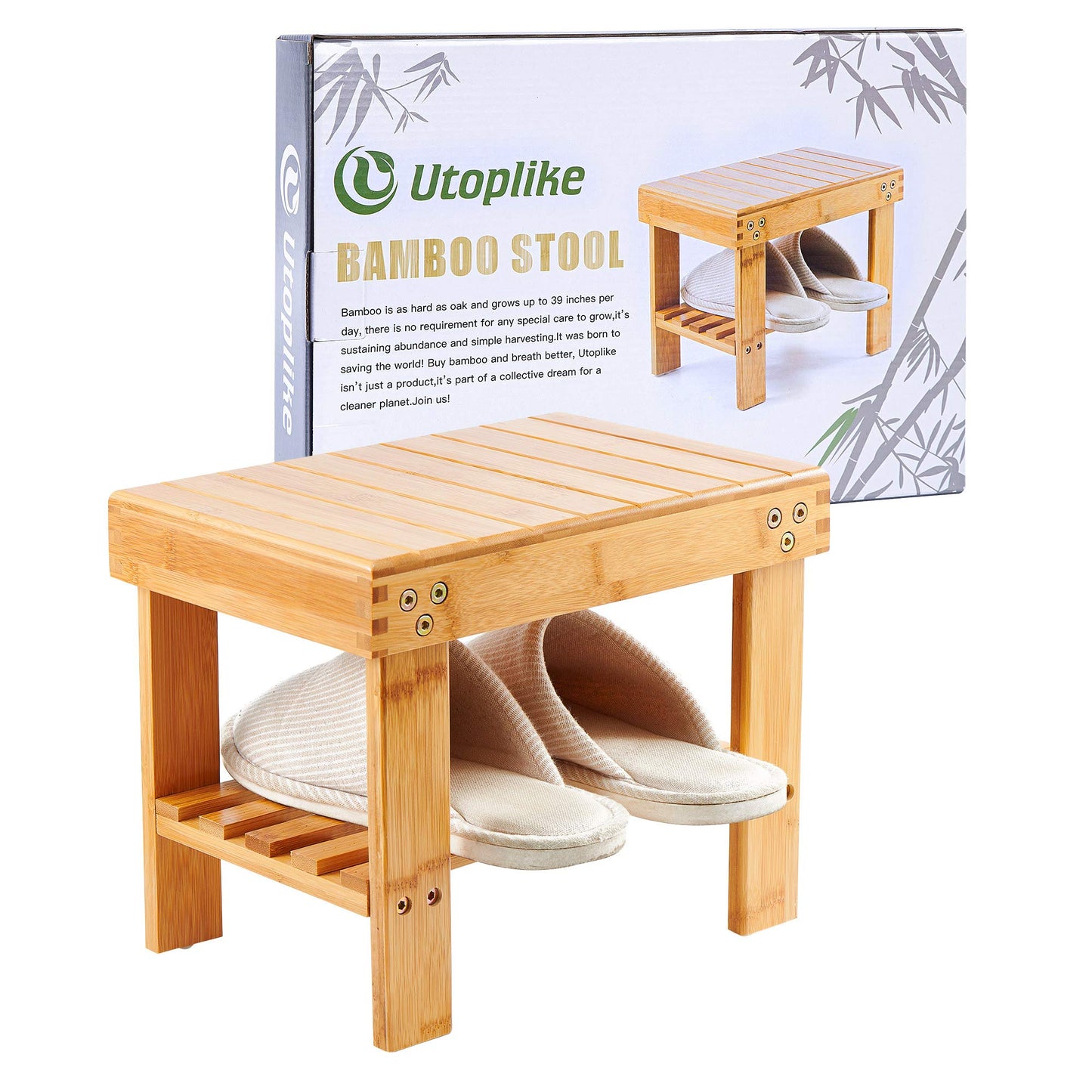 Utoplike Bamboo Small Step Stool, Bedside Stepstools for High Beds, Light Weight Foot Rest Stool with Shelf, Non-Slip Pads