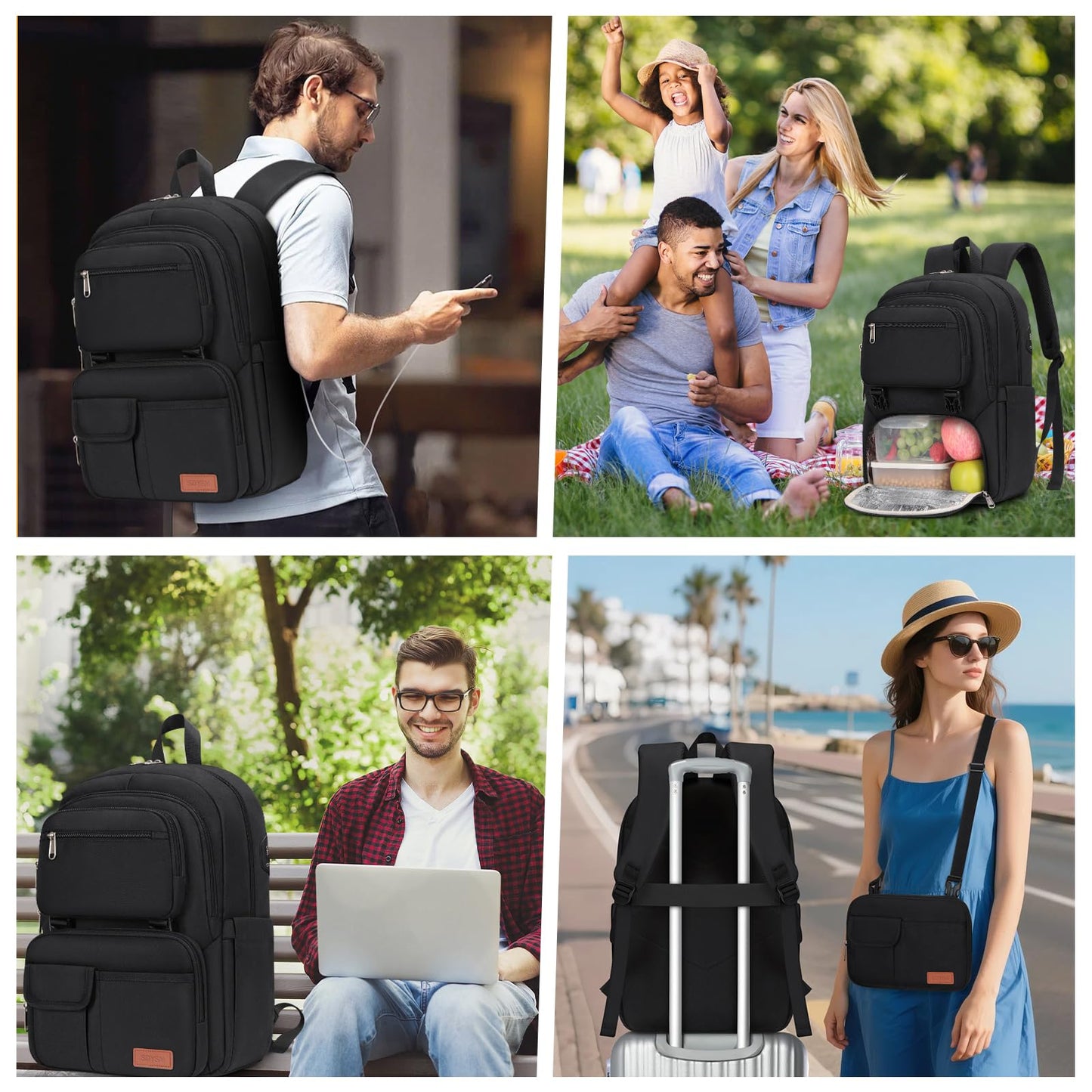 SDYSM Lunch Backpack for Men Women 15.6 Inch Laptop Backpack with USB Charging Port, Waterproof Work Backpack with Insulated Lunch Compartment Suitable for Work, Travel, College,Black