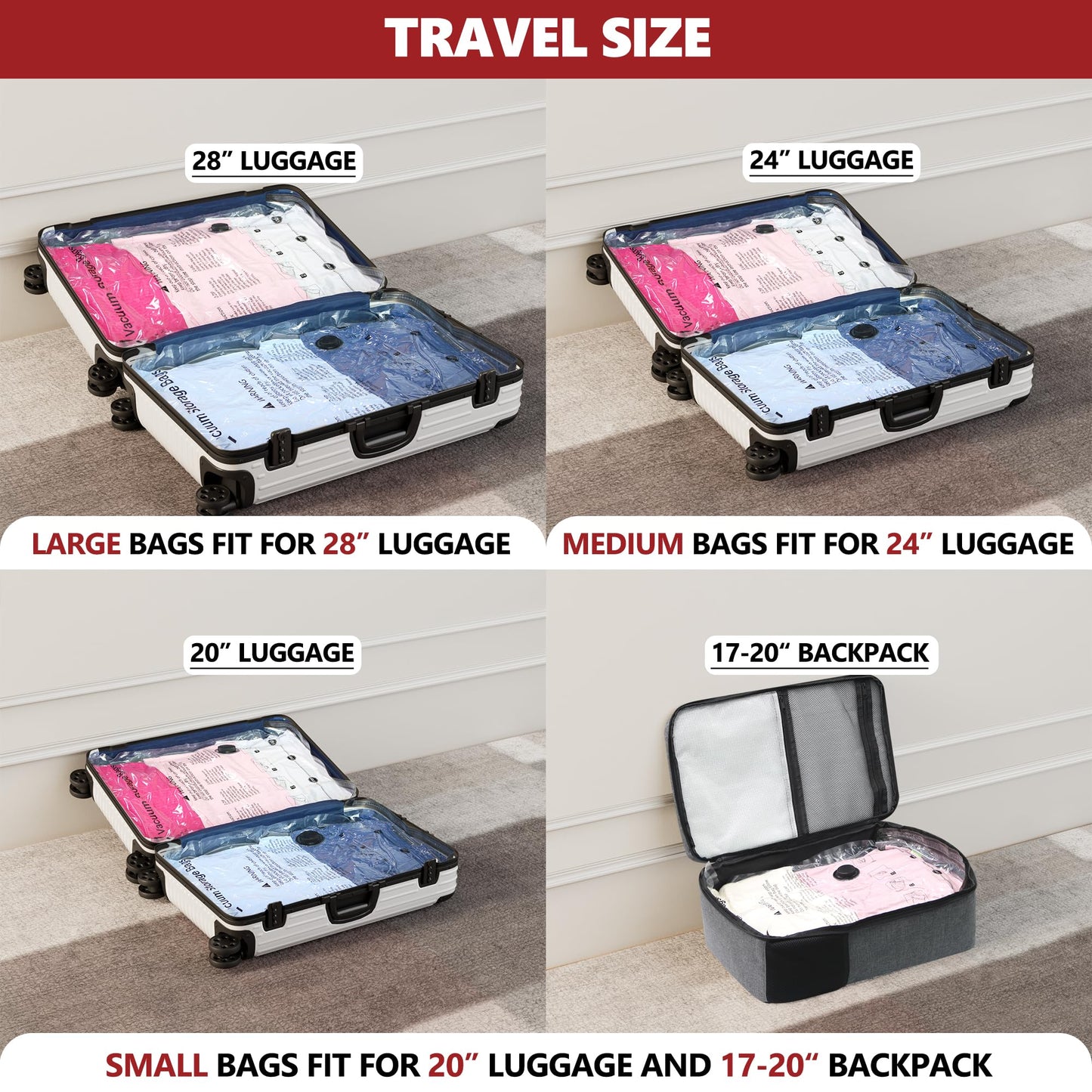 SUOCO Travel Vacuum Bags for Luggage with Portable Electric Pump, 12 Combo (4L/4M/4S) Packing Seal Bags for Clothing Suitcase Backpack, Space Saver Compression Clothes Storage Bags