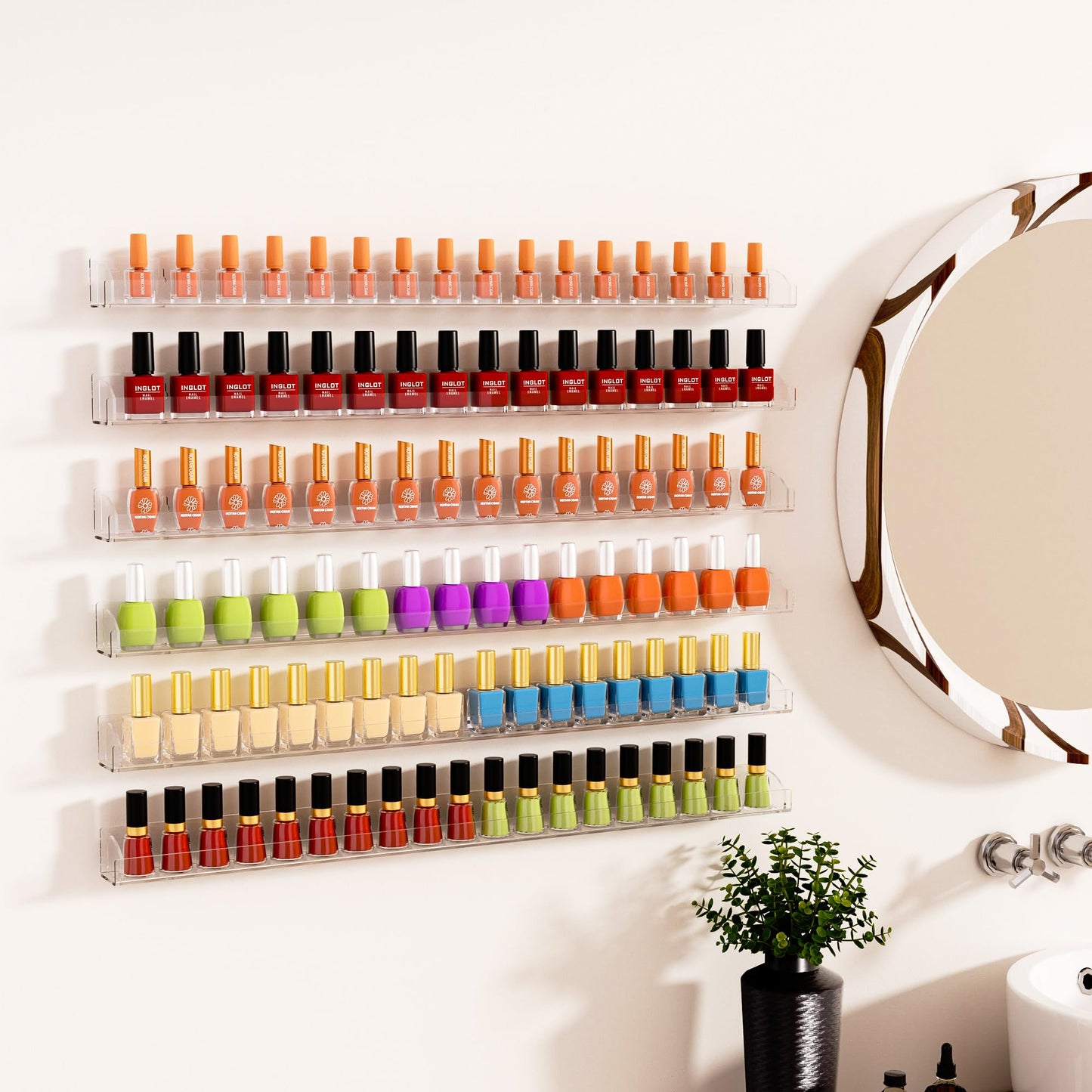 Hexsonhoma 30 Inch Clear Nail Polish Wall Rack with Removable End Caps Set of 6, Acrylic Wall Shelf Bookshelf, Fall-Proof Nail Polish Sorage Shelves for 180 Bottles