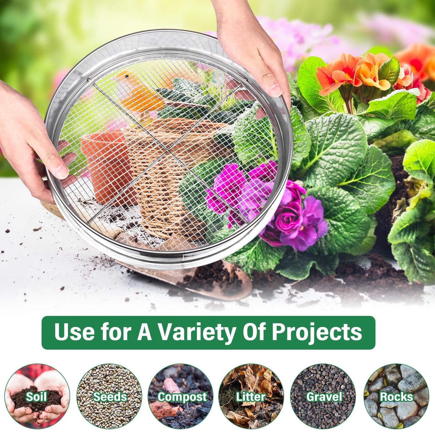 YaeCCC Garden Potting Mesh Sieve, Stainless Steel Soil Sieve Set Mix Soil Filter with 4 Interchangeable Mesh Sizes (3, 6, 9, 12mm)