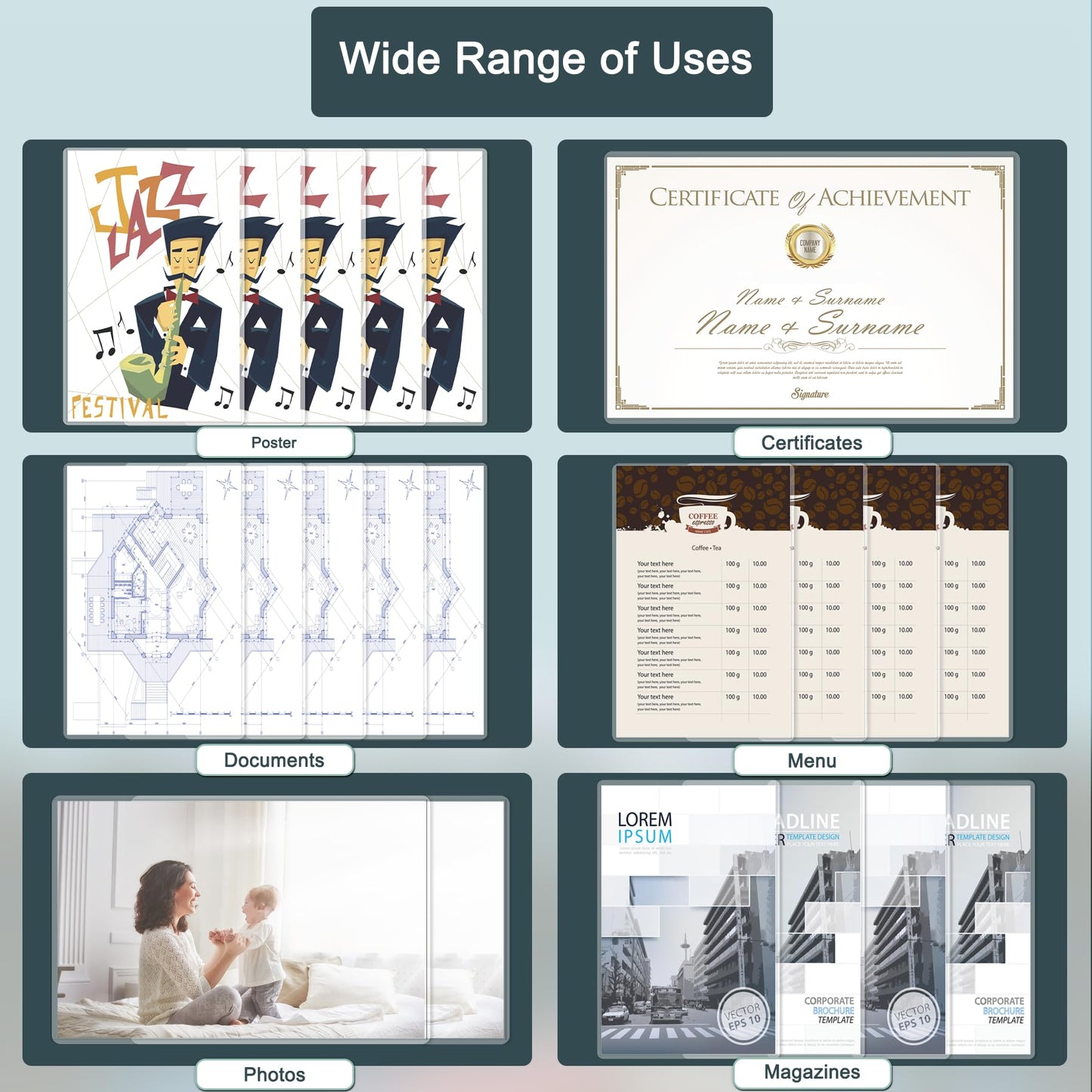 AKONEGE 12PCS 11x17 Rigid Print Protectors Hard Plastic Sheet Protectors, Clear Heavy Duty Top Loading Menu Holder Poster Sleeves Page Protectors Frames Holder for Magazine Photo Paper Poster Prints