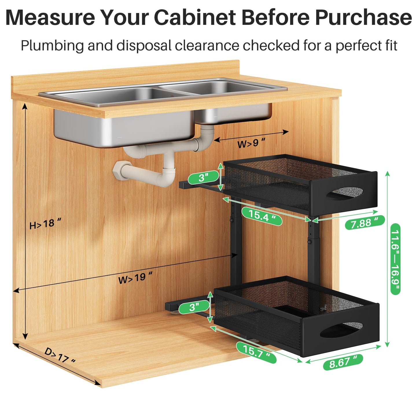 Under Sink Organizer, 2 Tier Pull out Cabinet Organizer Baskets with Mesh Sliding Drawers, Slide out Storage Shelf for Home, Kitchen, Bathroom, Pantry, Office Cabinet(2 Pack)