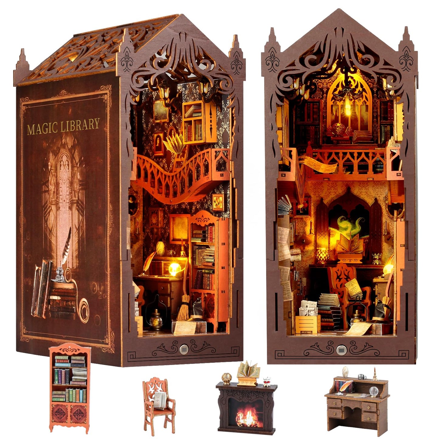DIY Book Nook Kit: 3D Wooden Puzzle Shelf Insert with LED Light - Miniature Dollhouse Bookend Decor for Adults and Teens - Creative Gift,Not Including Glue (Style A)