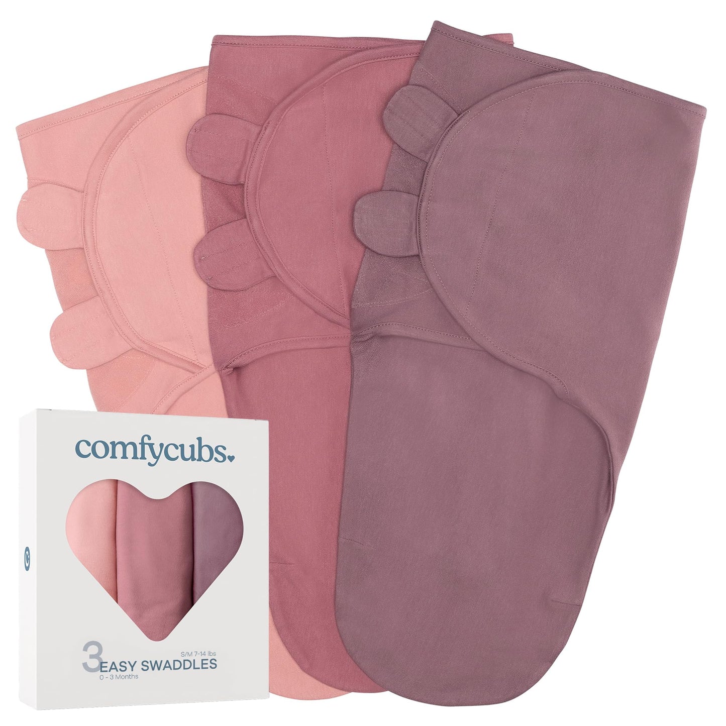 Comfy Cubs Easy Swaddle Blanket, 3 Pack - 100% Cotton Newborn Wrap, Small for 0-3 Months Infants, Breathable and Durable Sleep Sack for Babies - Blush, Mauve, Mulberry