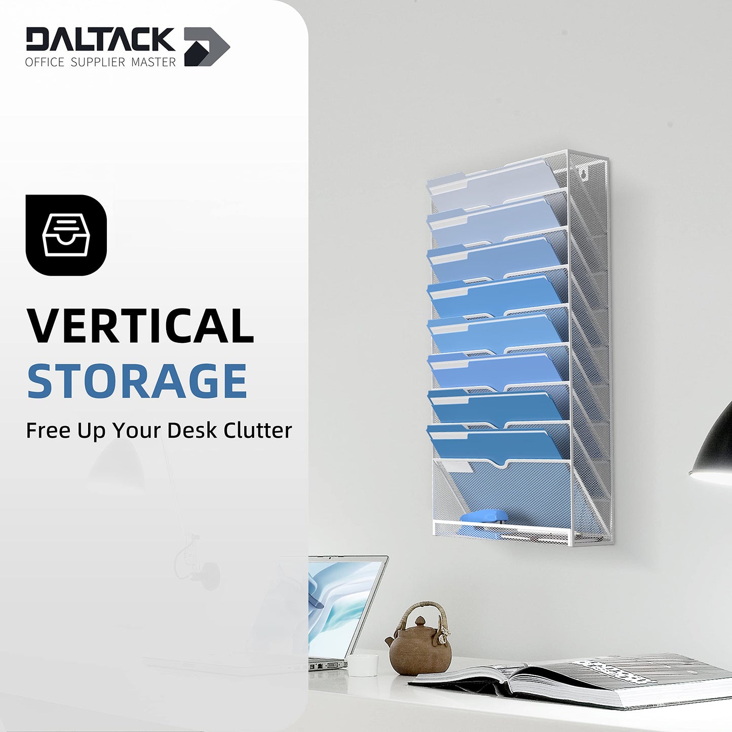 DALTACK Wall File Holder 10 Tier Hanging Wall File Organizer, for Papers Mails Folders Clipboard Magazine Organization, for Office Home, Mesh Metal, White