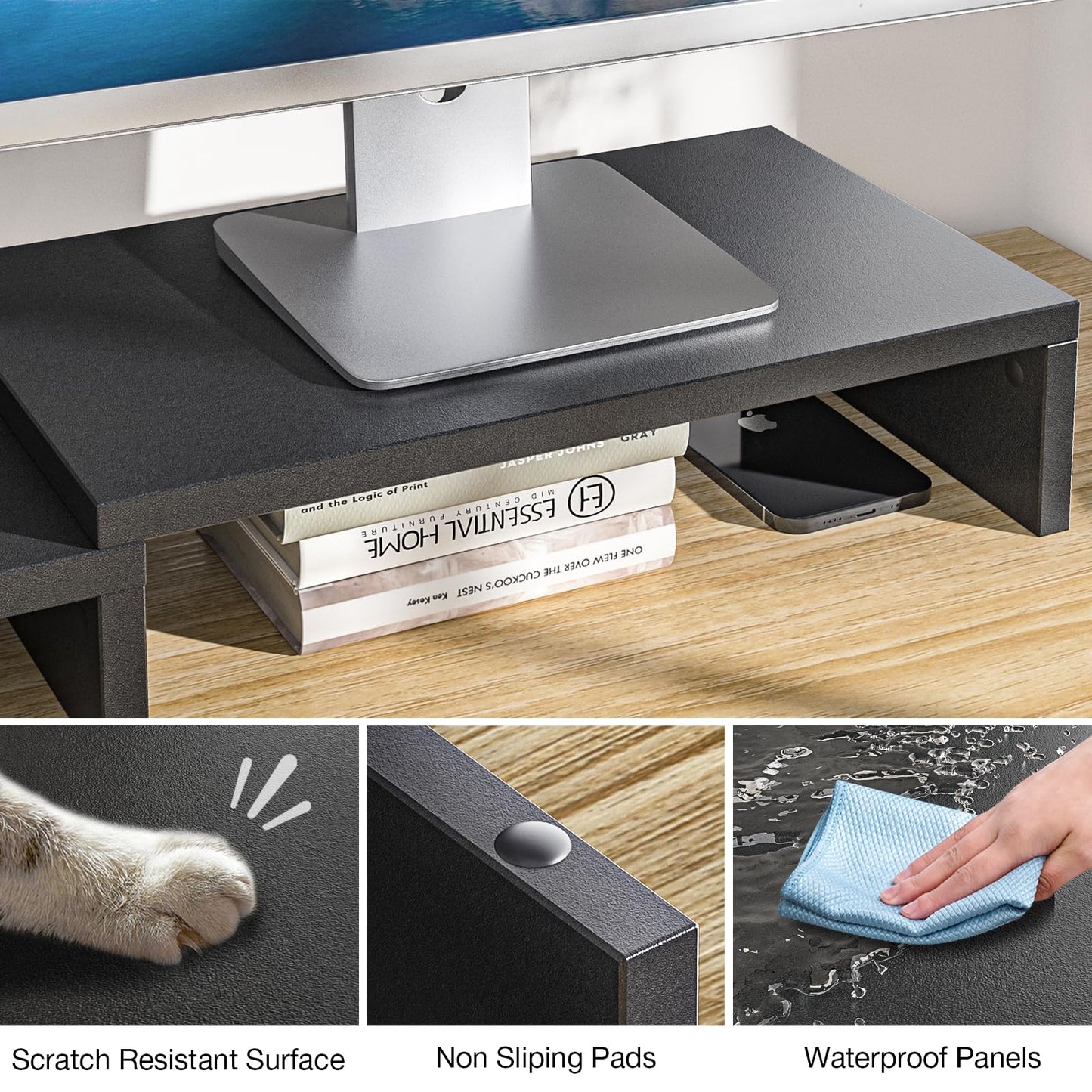 Rfiver Dual Monitor Stand Riser, Adjustable Length (30.7-43.3") & Angle, Large Wooden Desktop Organizer with Storage Shelf for Laptop, Monitors, Home Office Desk, Black