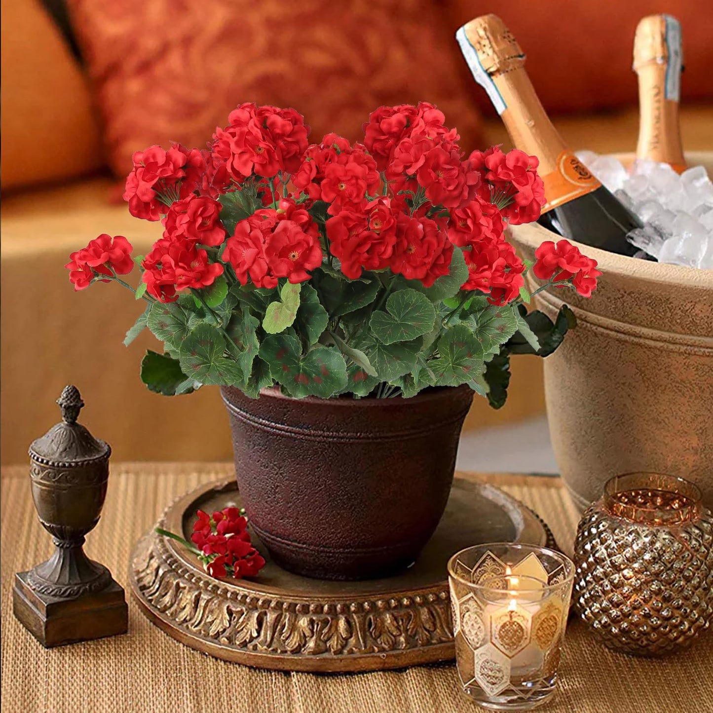 Dremisland 6 Pack Artificial Geranium Flowers for Outdoors Red Geranium Silk Flowers Outdoor UV Resistant Garden Plants Bush Faux Flowers for Home Wedding Table Centerpieces Decor