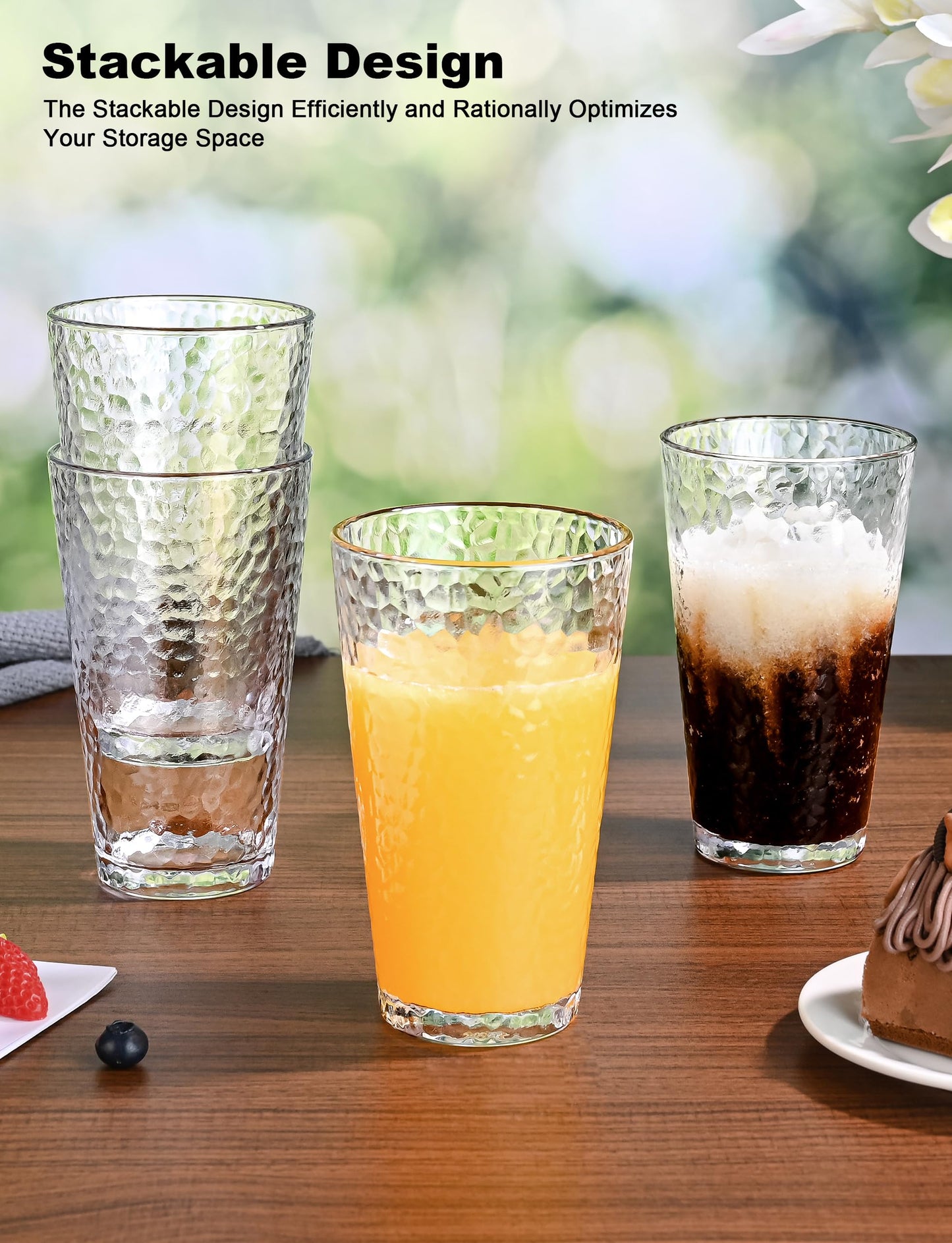 AMYOOLE Drinking Glasses Set of 8,16oz Clear Highball Water Glasses,Stackable Lead-Free Hammered Glass Cups,Kitchen Drinkware Glassware for Cocktail,Beer,Juice,Iced Tea,Margaritas and Mixed Drinks