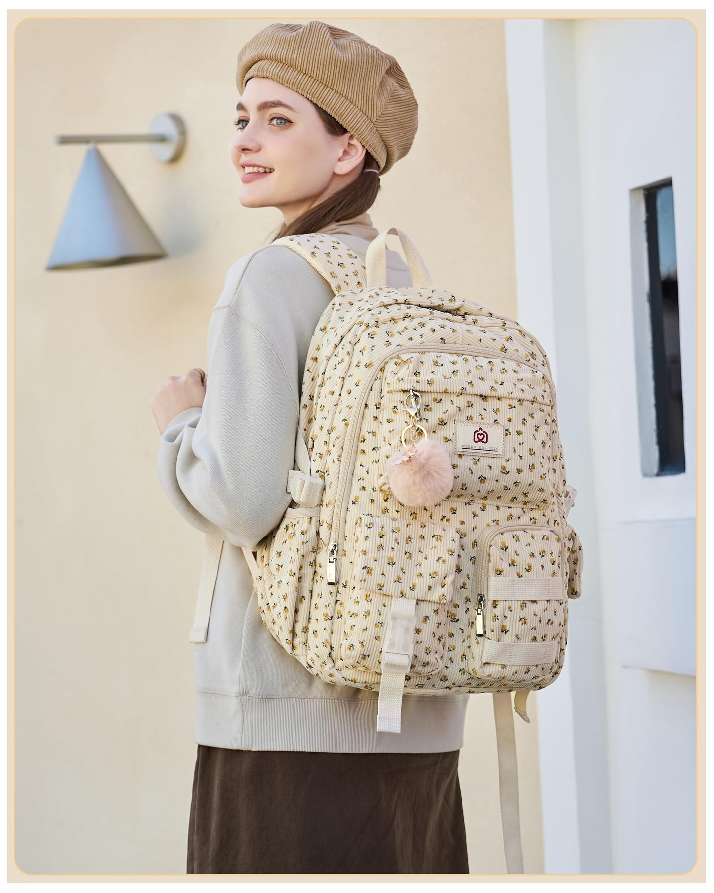 School Laptop Backpack for Teens Girls Women College Backpacks Corduroy Bag Students Bookbag Anti Theft Travel Daypack (Beige Floral)
