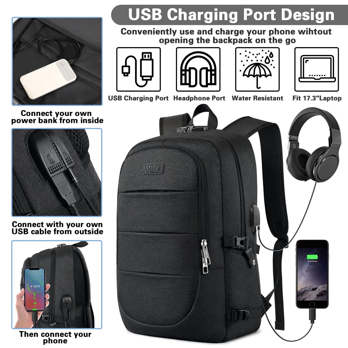 AMBOR Travel Laptop Backpack,18.4 inch Anti Theft Business Laptop Carry on Backpack with USB Charging Port and Headphone Interface, Backpack for Men & Women,Black