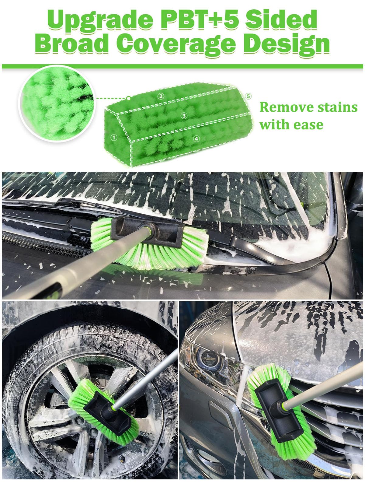 Five-Sided PBT Car Wash Brush 60” 151cm with Extendable Long Handle Soft Bristle Scrub Detail Brush for Exterior Interior Car SUV Truck Caravan Boat Tyres Solar Panel House Siding Cleaning Sweep Snow