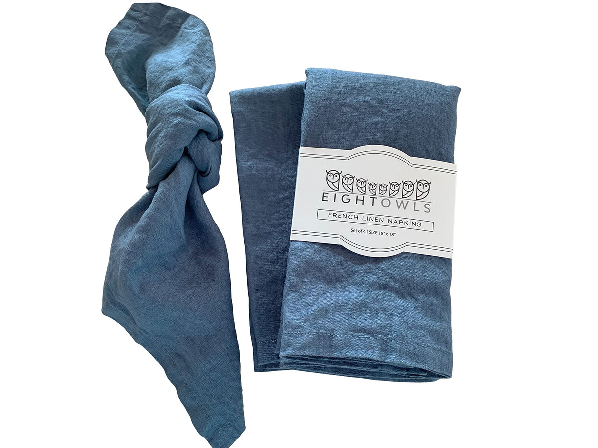 Eight Owls Linen Napkins – 100% Pure Stonewashed Linen Cloth Napkins – Mitered Corners - Created from French Flax - Size18 x18 Inch (45 x 45 cm) (Soft Teal Blue)
