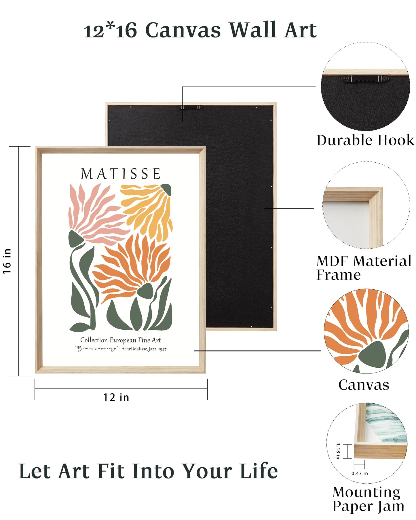 UPWOIGH 12x16 in Framed Wall Art, Matisse Flower Market Prints, Set of 3 Cotton Canvas Botanical Wall Decor for Living Room Bedroom, Aesthetic Accessories,Gift