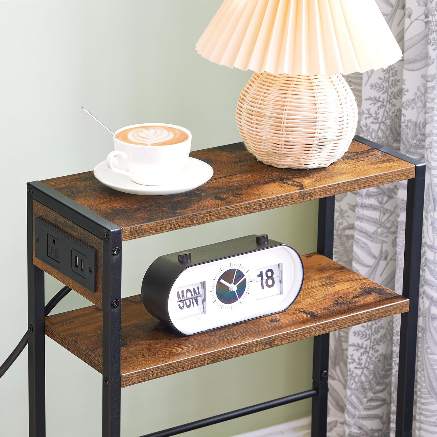 HOOBRO Narrow End Table, Side Table with Charging Station, 3-Tier Nightstand, Bedside Table with Protective Rails, for Small Space, Living Room, Bedroom, Office, Rustic Brown and Black BF102UBZ01
