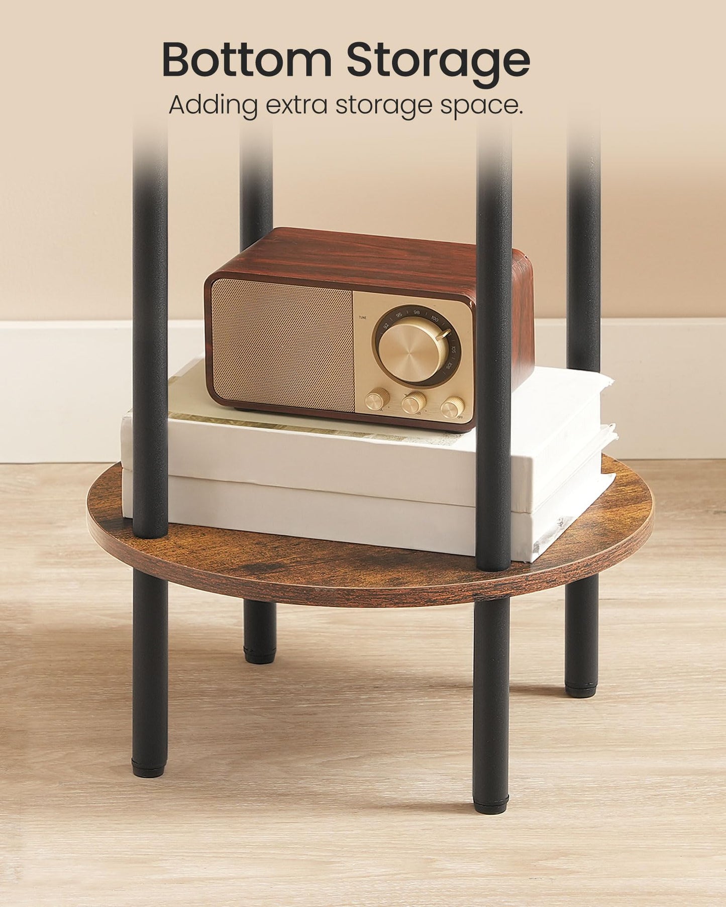 CHOEZON Round Side Table, 2-Tier End Table, Small Round Nightstand with Sturdy Metal Tube, Industrial Coffee Table, for Living Room, Bedroom, Rustic Brown and Black TBZ01BF