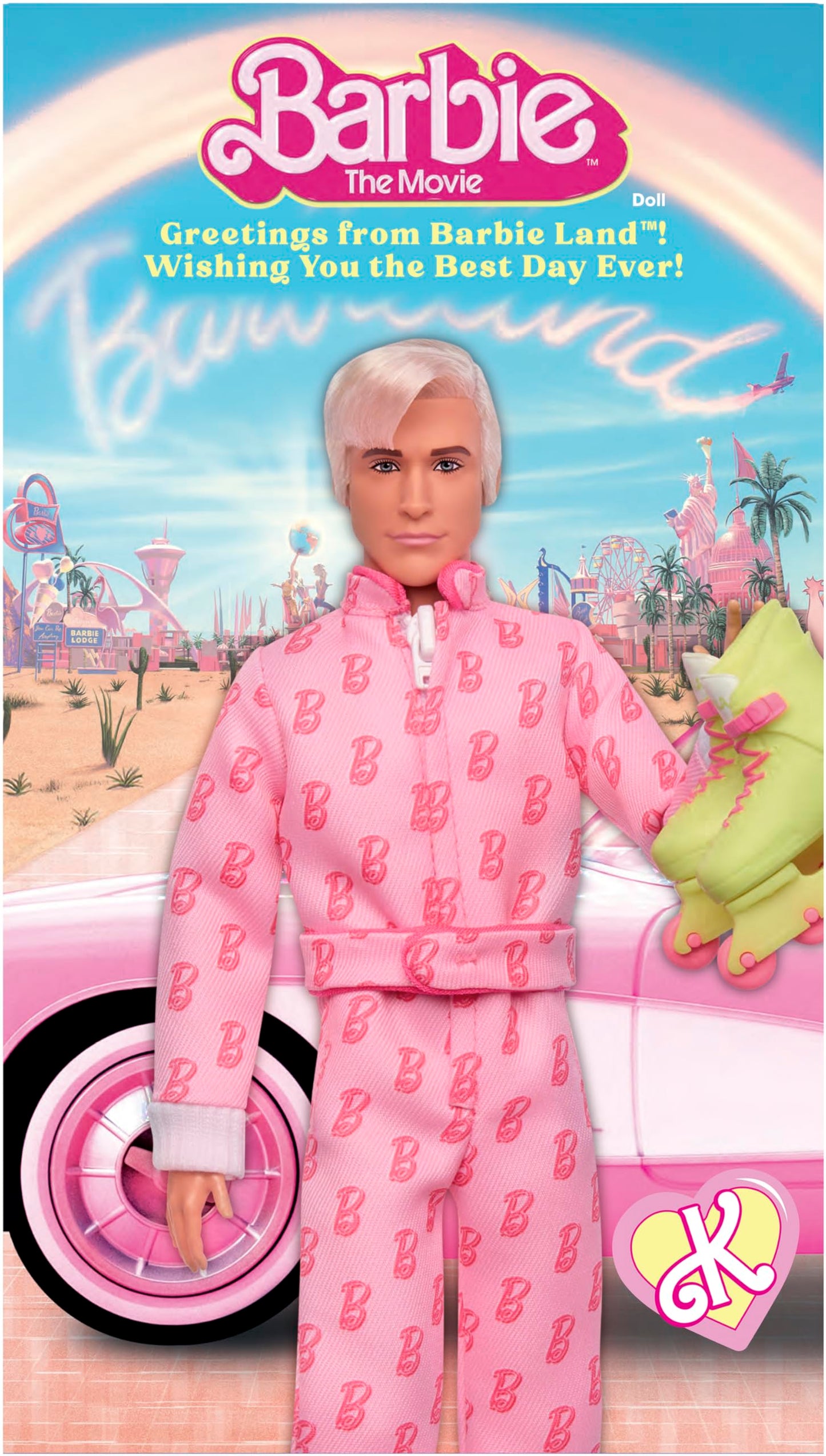 Barbie The Movie Ken Collectible Doll, Ryan Gosling as Ken Wearing Pink Jumpsuit with “B” Detail with White Sneakers and Multicolor Roller Skates
